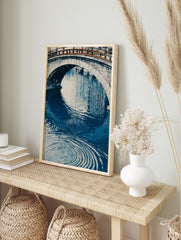 Japanese Bridge Poster with a stone arch bridge over blue water featuring prominent ripples, in an illustrative style. - Image 4