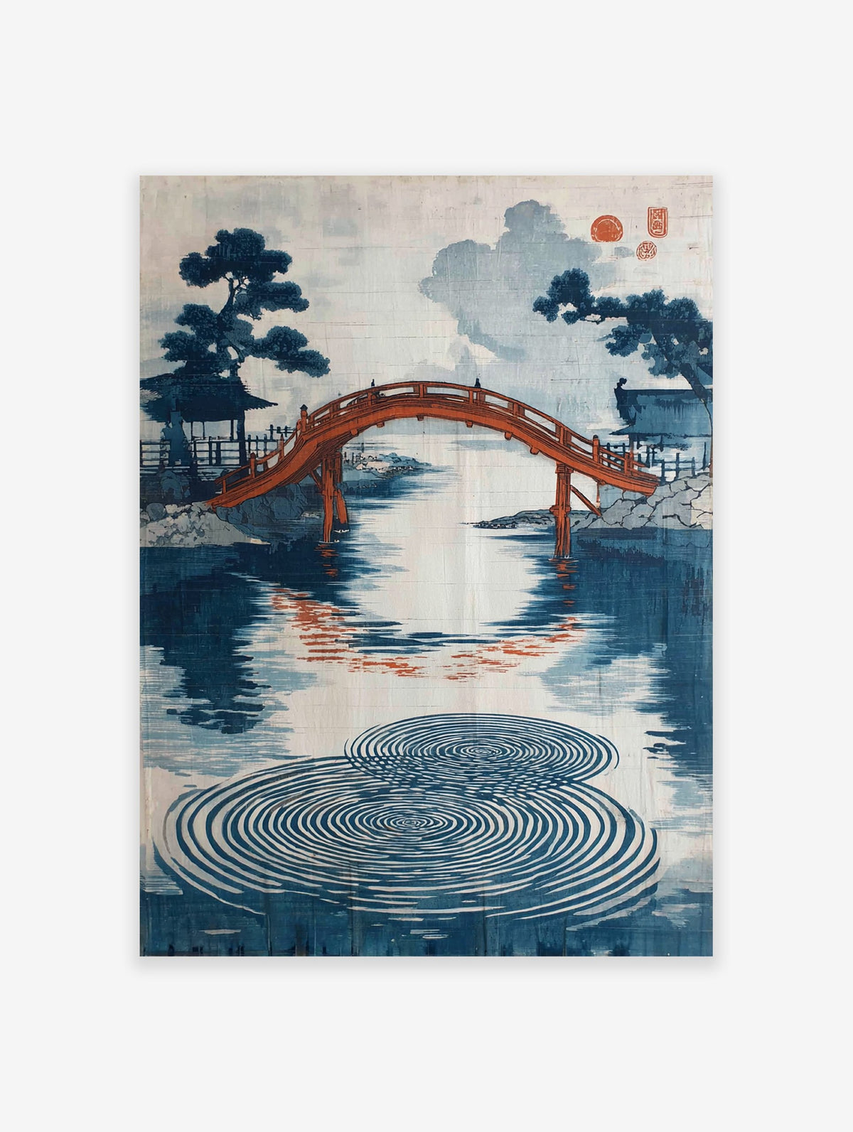 Japanese Bridge Poster featuring a red arched bridge over water with blue trees and circular ripples in a woodblock print style.