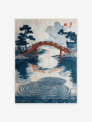 Japanese Bridge Poster featuring a red arched bridge over water with blue trees and circular ripples in a woodblock print style.