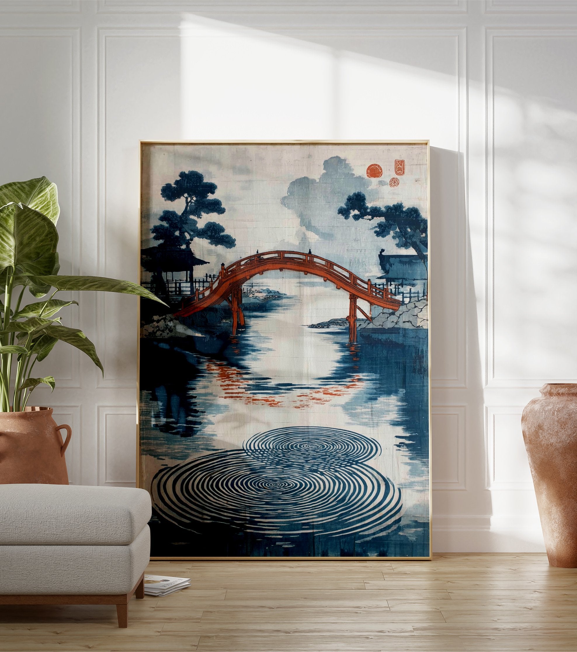 Japanese Bridge Poster featuring a red arched bridge over water with blue trees and circular ripples in a woodblock print style. - Image 3