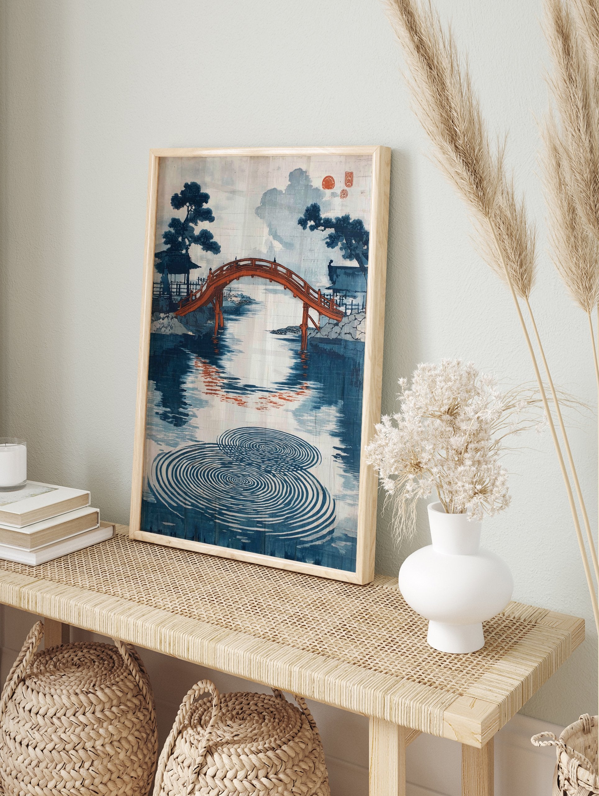 Japanese Bridge Poster featuring a red arched bridge over water with blue trees and circular ripples in a woodblock print style. - Image 4