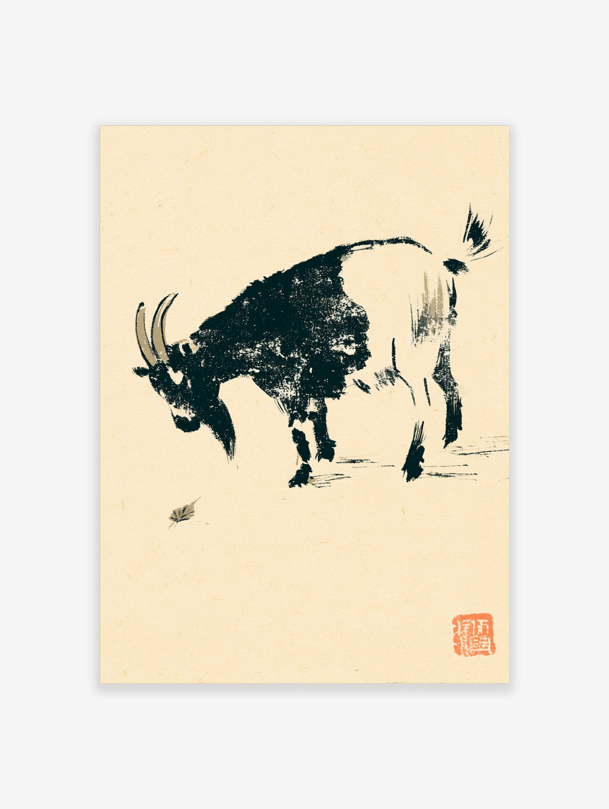 Minimalist Japanese ink painting of a black bull with curved horns on a white background