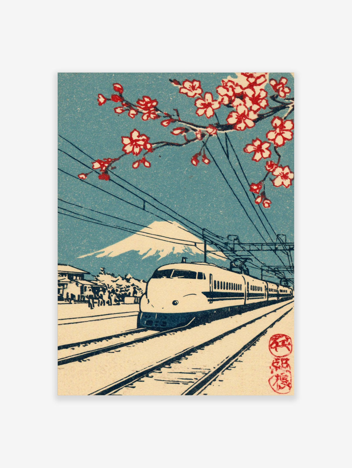 Japanese bullet train with Mount Fuji and red cherry blossoms, railway tracks, blue sky, woodblock print style