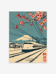 Japanese bullet train with Mount Fuji and red cherry blossoms, railway tracks, blue sky, woodblock print style