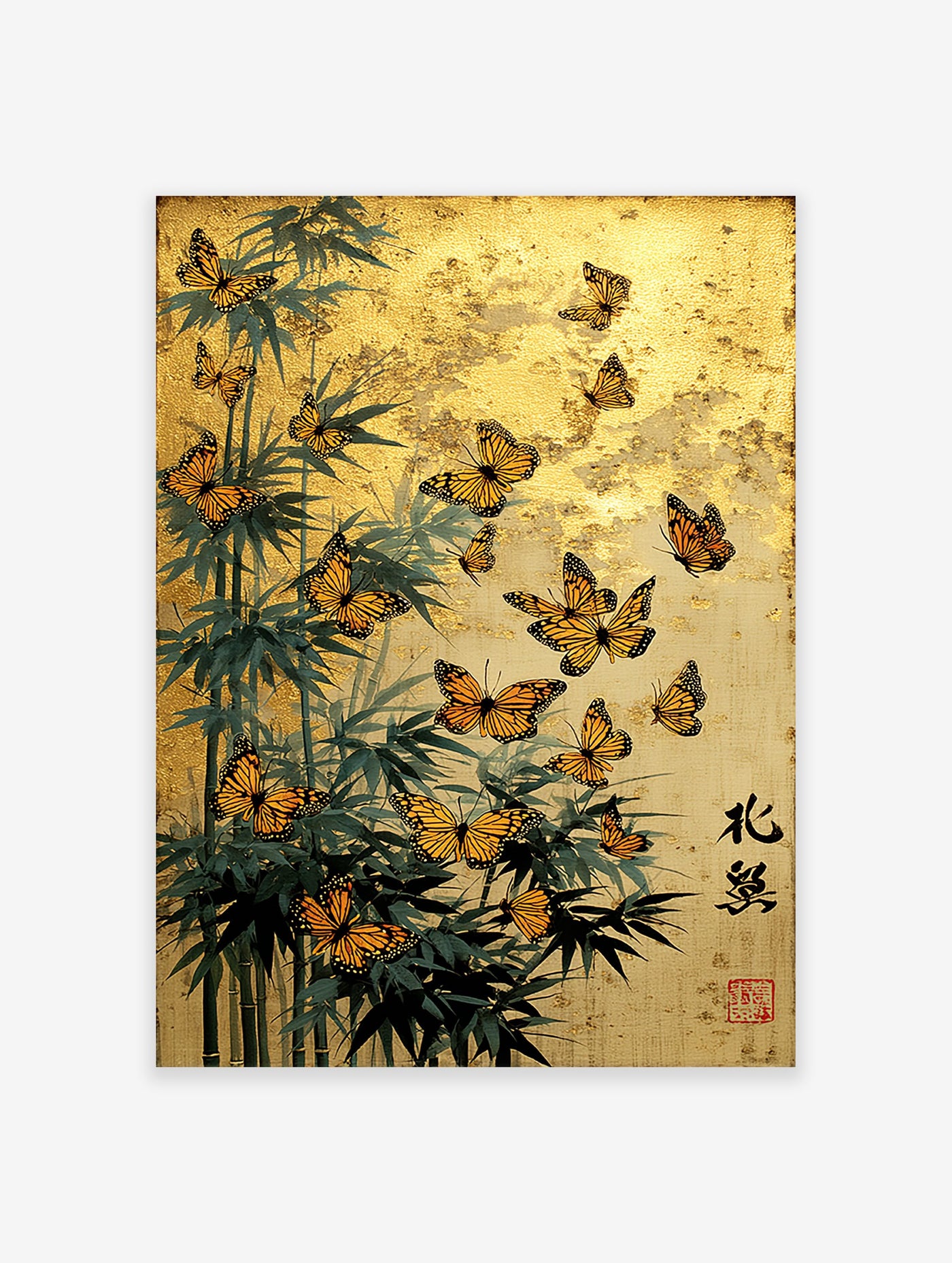 Japanese wall art with orange monarch butterflies, green bamboo, and gold background with calligraphy.