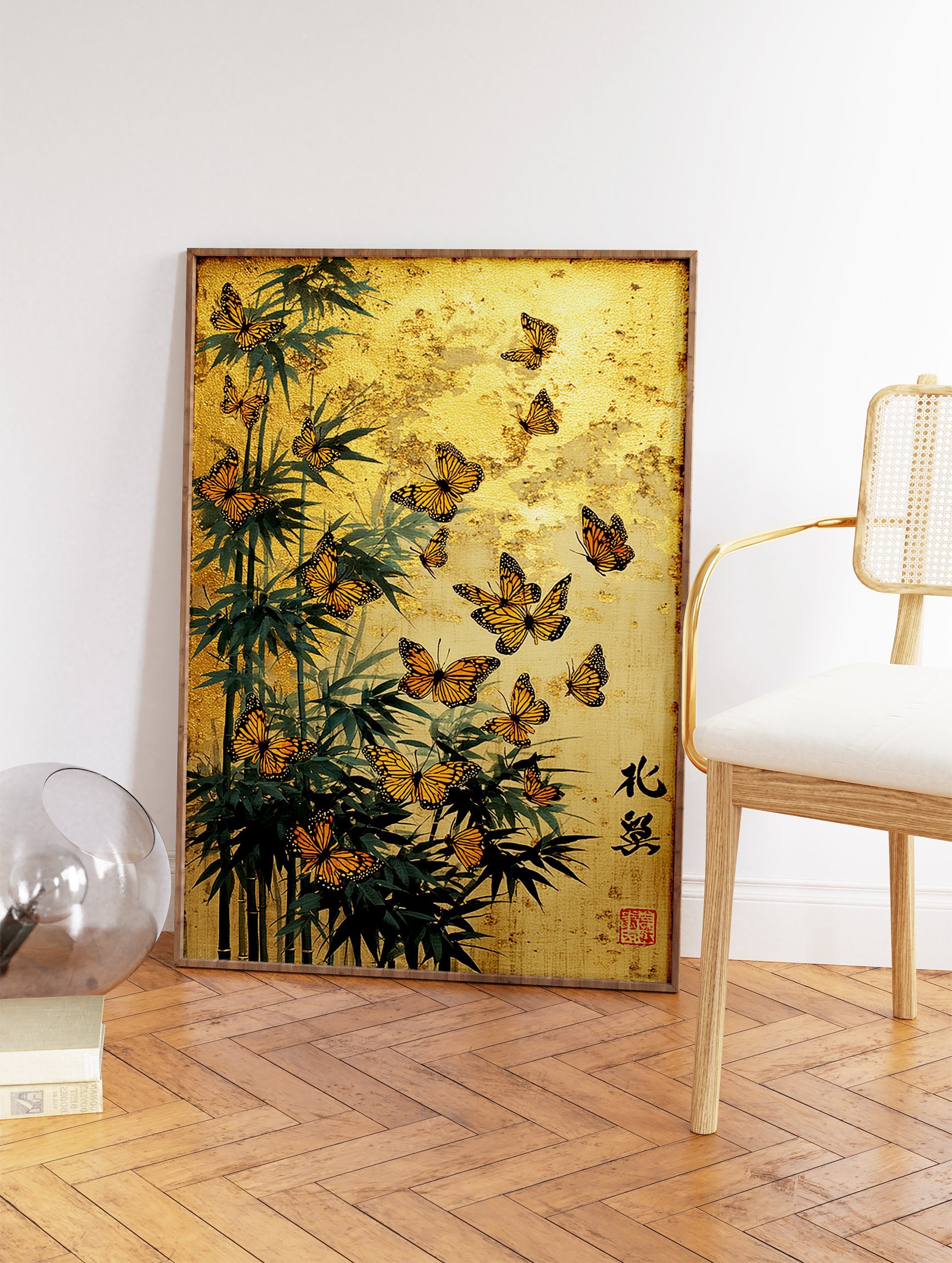 Japanese wall art with orange monarch butterflies, green bamboo, and gold background with calligraphy. - Image 2