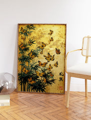 Japanese wall art with orange monarch butterflies, green bamboo, and gold background with calligraphy. - Image 2