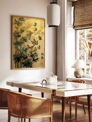 Japanese wall art with orange monarch butterflies, green bamboo, and gold background with calligraphy. - Image 3