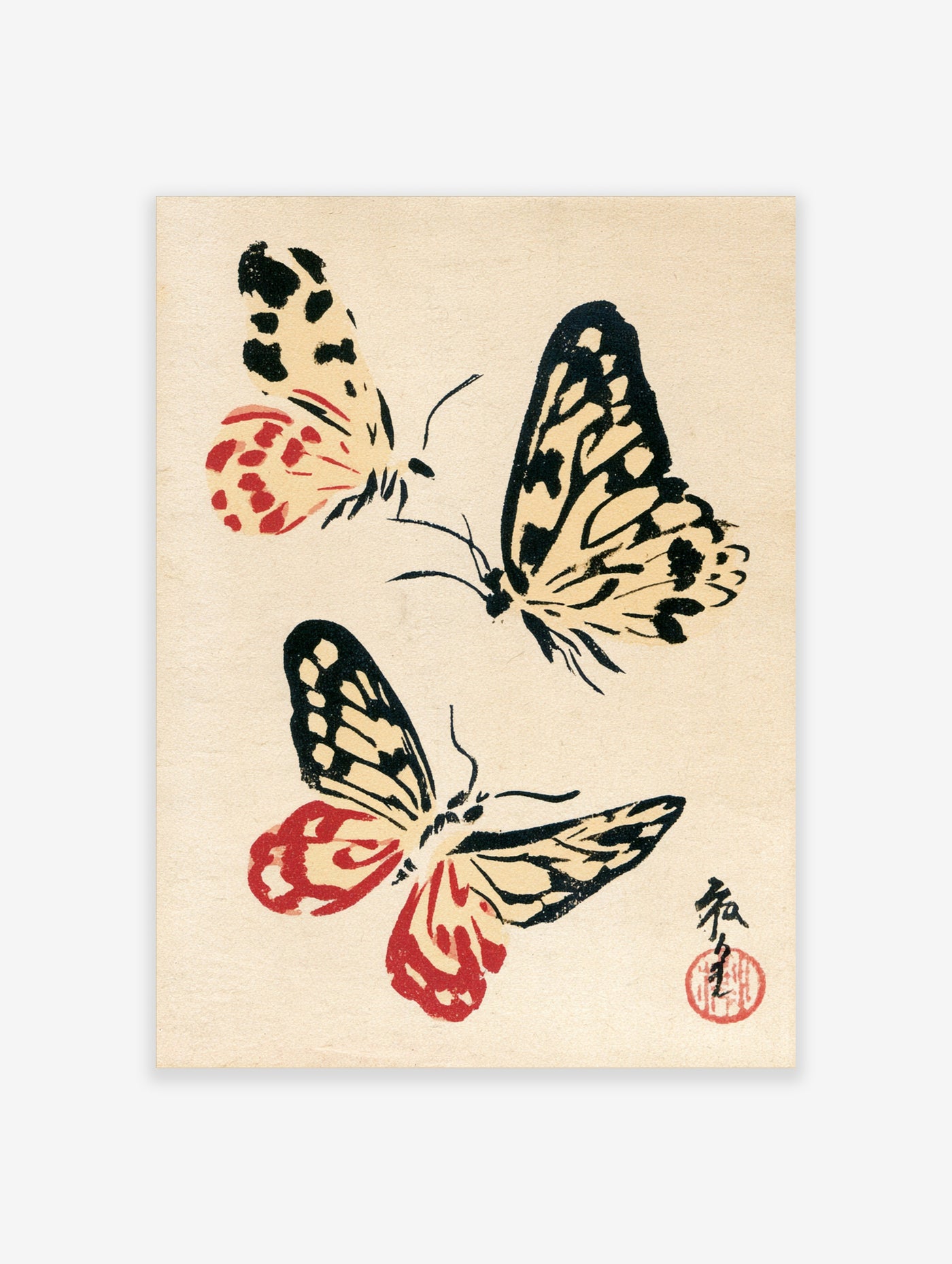 Japanese-style woodblock print of three butterflies with black and red details on a beige background