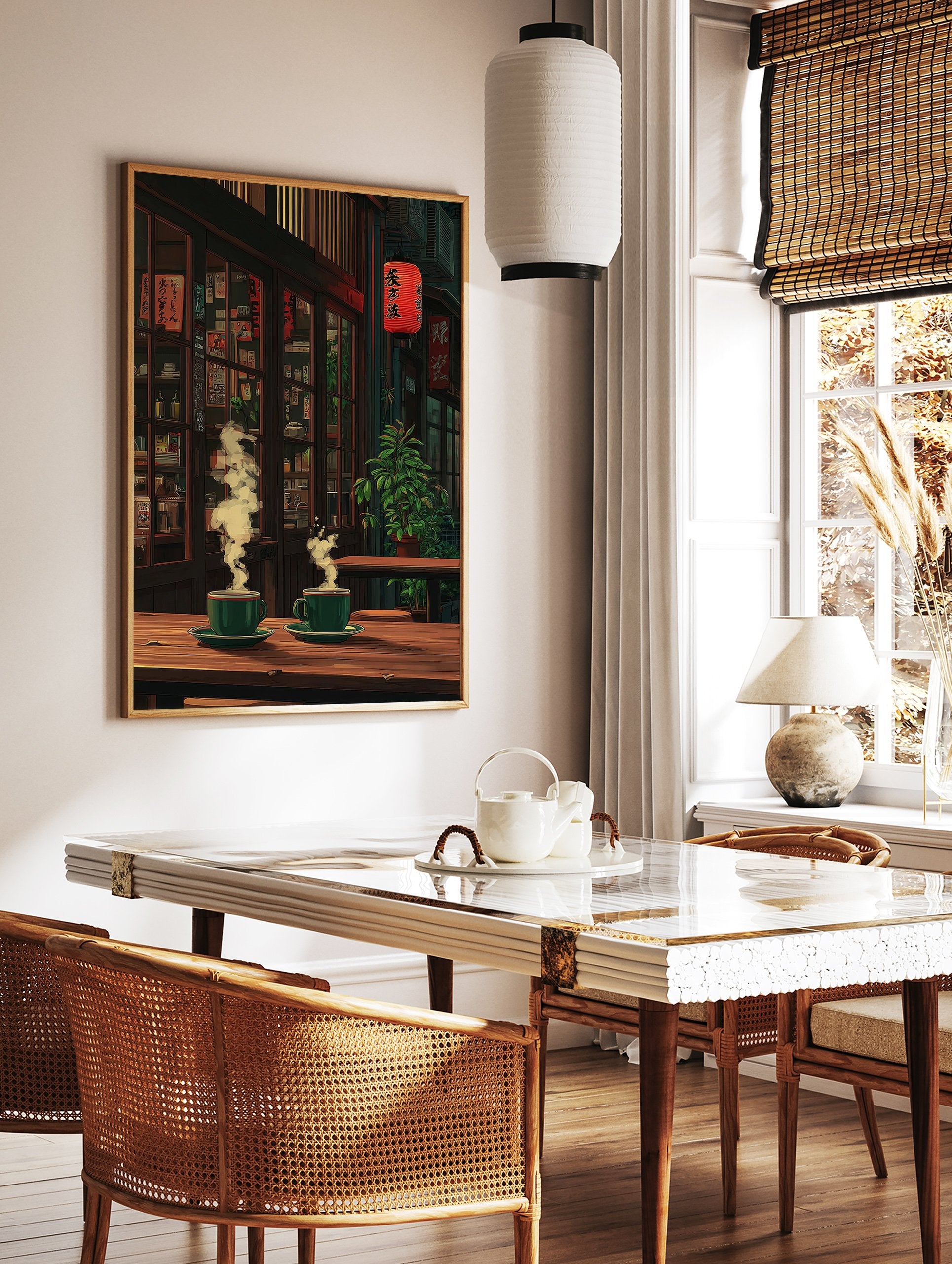 Japanese cafe poster showing two steaming green cups on a wooden table with a red lantern and plants in the background. - Image 2