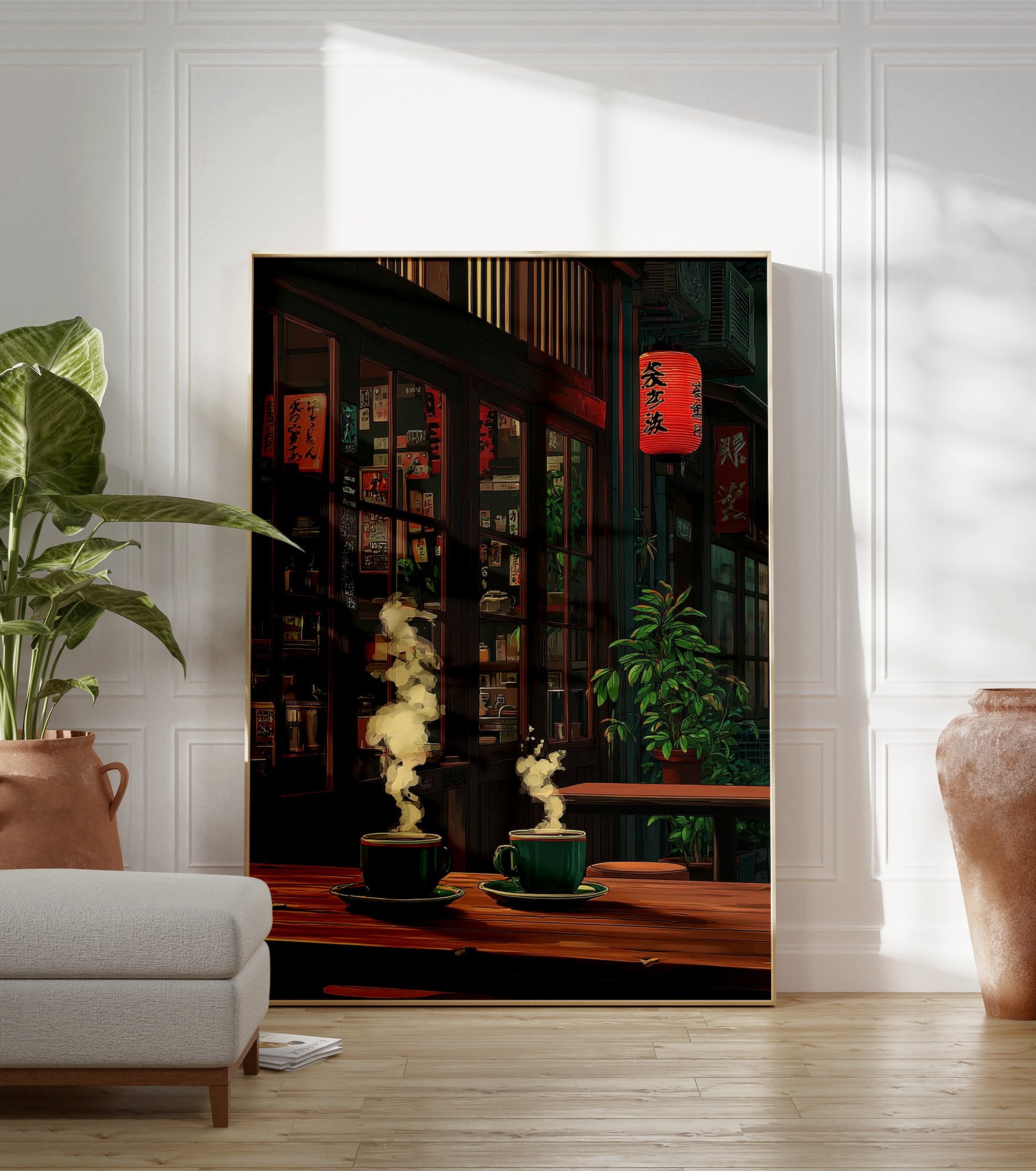 Japanese cafe poster showing two steaming green cups on a wooden table with a red lantern and plants in the background. - Image 3