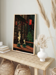 Japanese cafe poster showing two steaming green cups on a wooden table with a red lantern and plants in the background. - Image 4