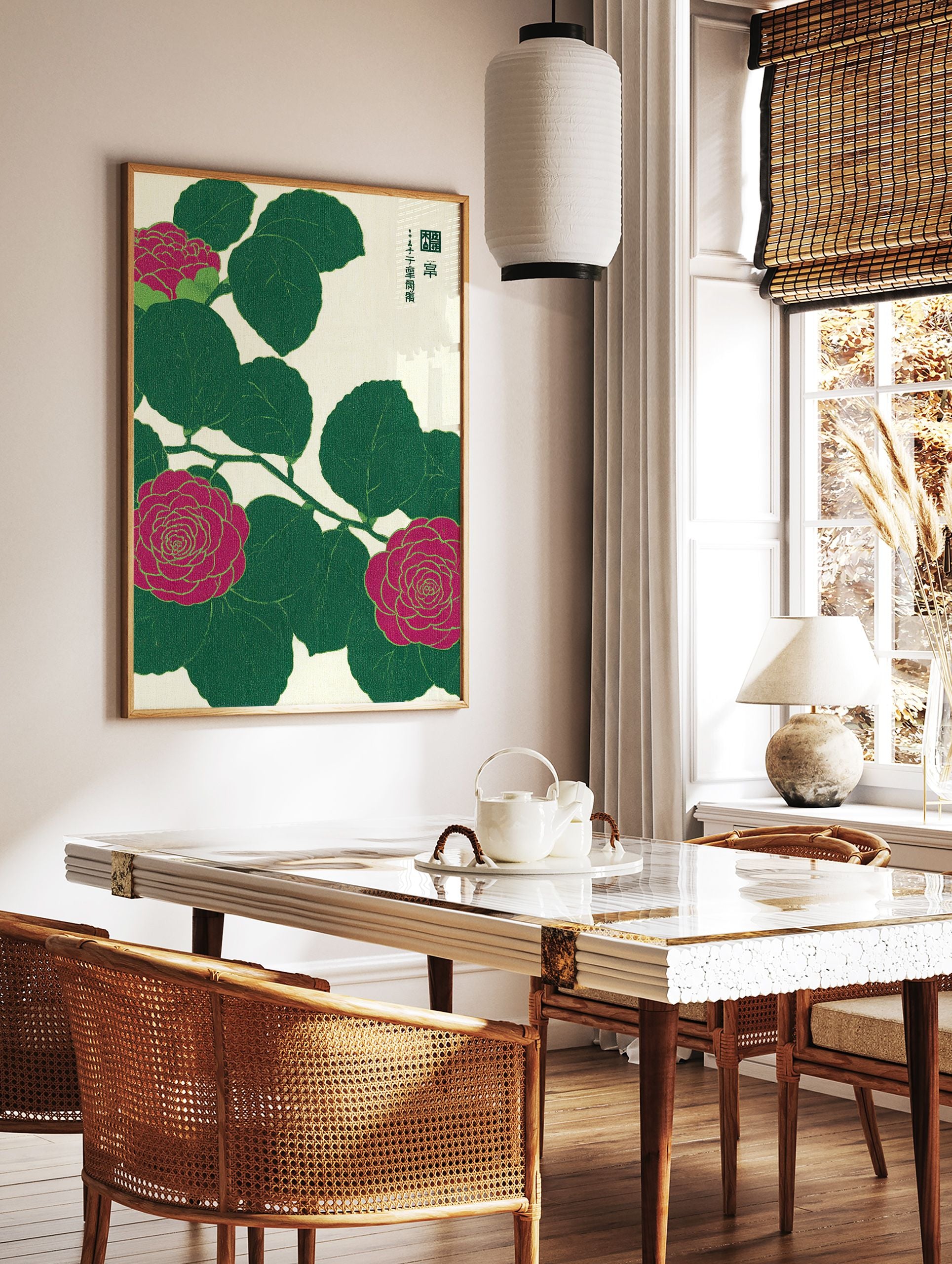 Japanese camellia botanical illustration art print with vibrant fuchsia flowers and dark green leaves on a textured cream background. - Image 3