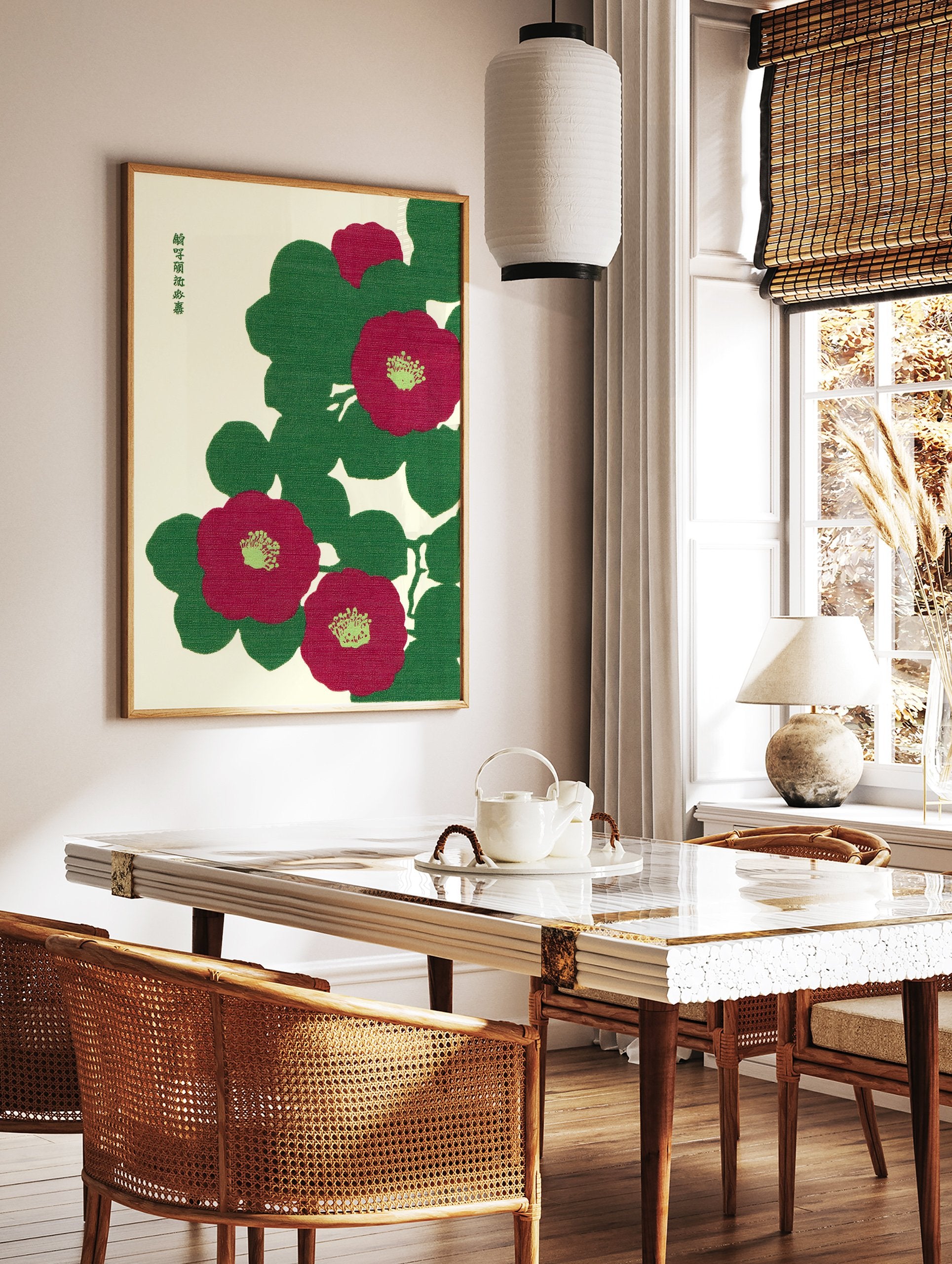 Japanese style botanical art print featuring red camellia flowers and green leaves on an off-white background. - Image 3