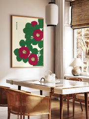 Japanese style botanical art print featuring red camellia flowers and green leaves on an off-white background. - Image 3