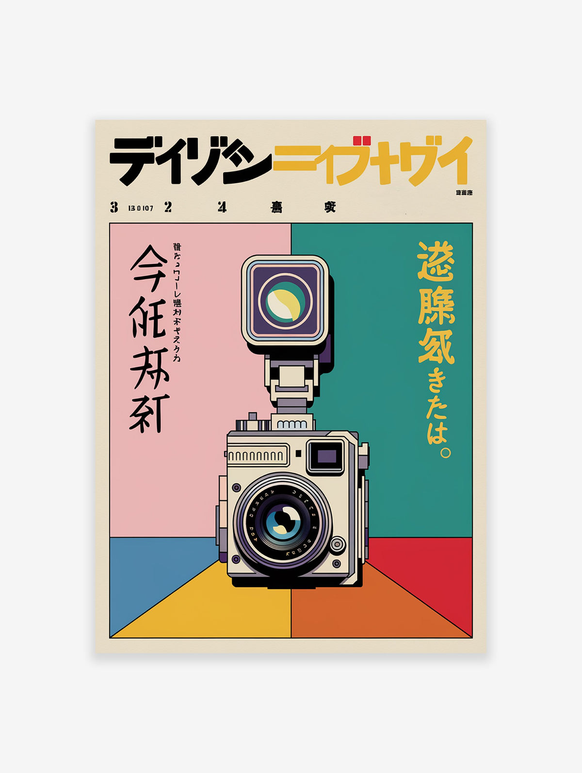 Japanese camera poster, a vintage-style illustration with Japanese text on a geometric, multi-color background. Pink, teal, yellow.