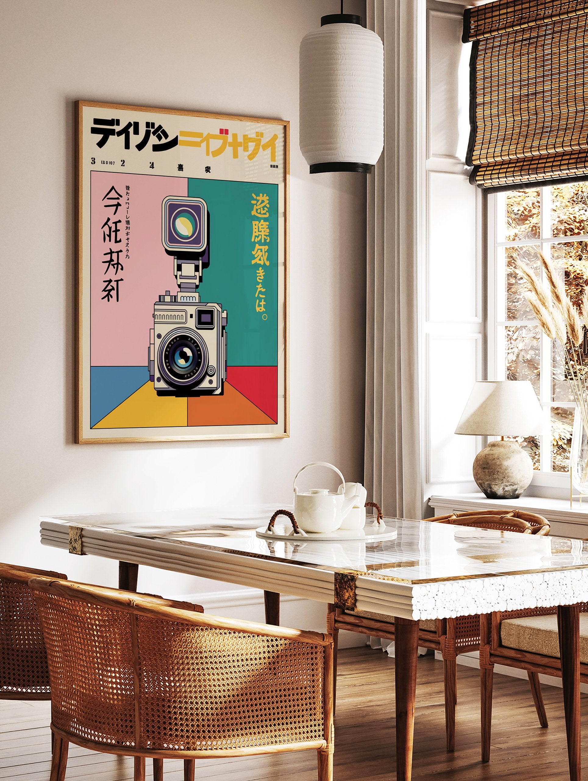 Japanese camera poster, a vintage-style illustration with Japanese text on a geometric, multi-color background. Pink, teal, yellow. - Image 2