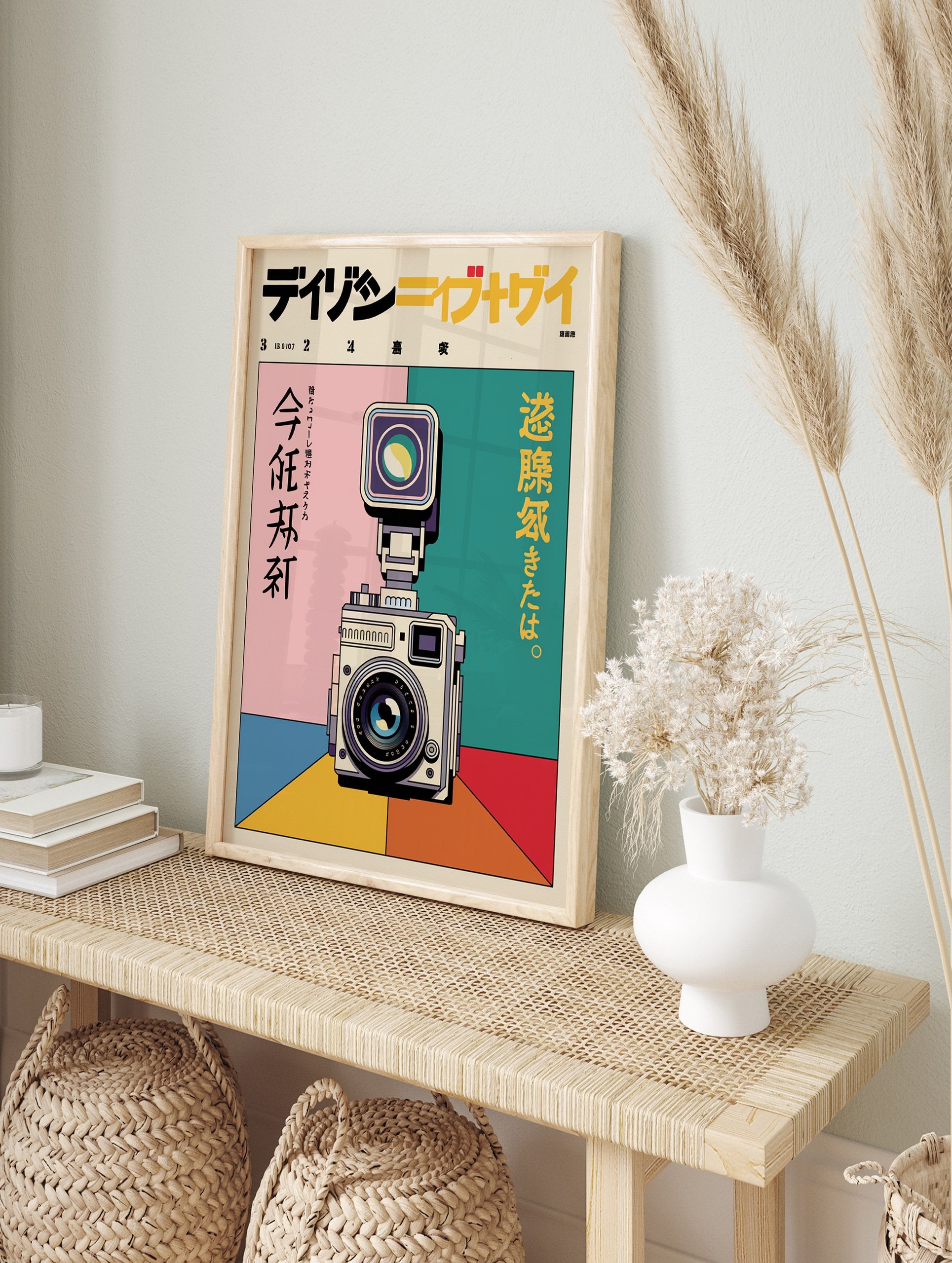 Japanese camera poster, a vintage-style illustration with Japanese text on a geometric, multi-color background. Pink, teal, yellow. - Image 4