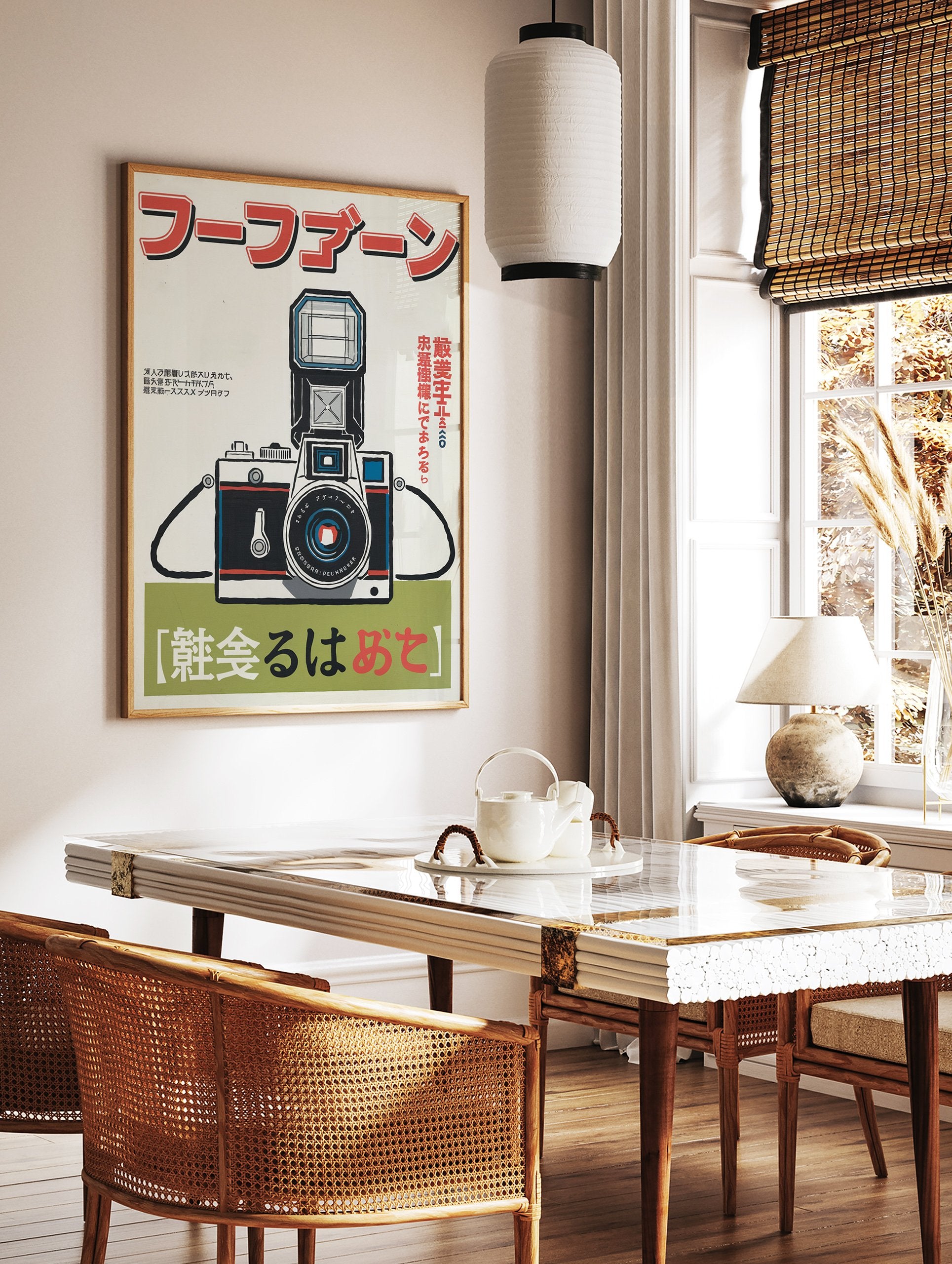 Japanese camera poster featuring a vintage illustration of a black camera with a flash in red, black, white, and green colors. - Image 2