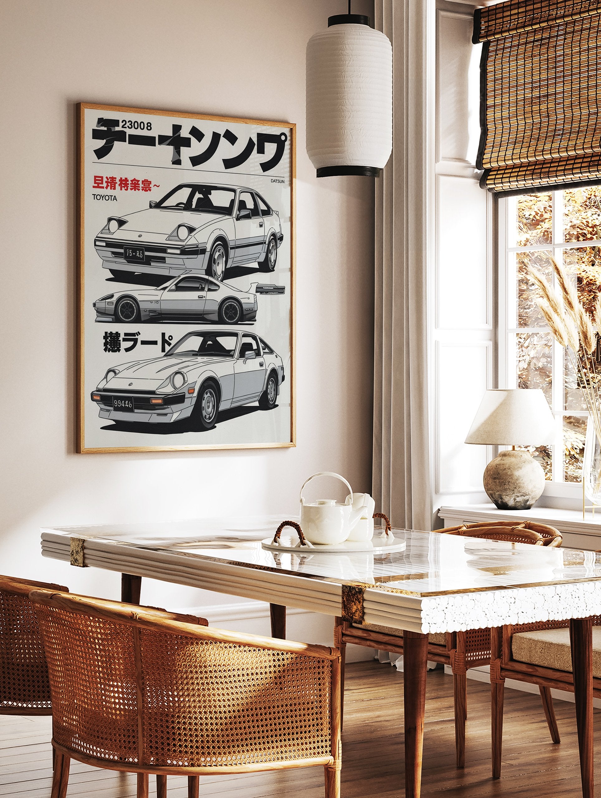 Japanese Car Poster featuring three vintage illustrated Toyota and Datsun sports cars with Japanese text on a light background. - Image 2