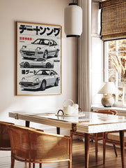 Japanese Car Poster featuring three vintage illustrated Toyota and Datsun sports cars with Japanese text on a light background. - Image 2