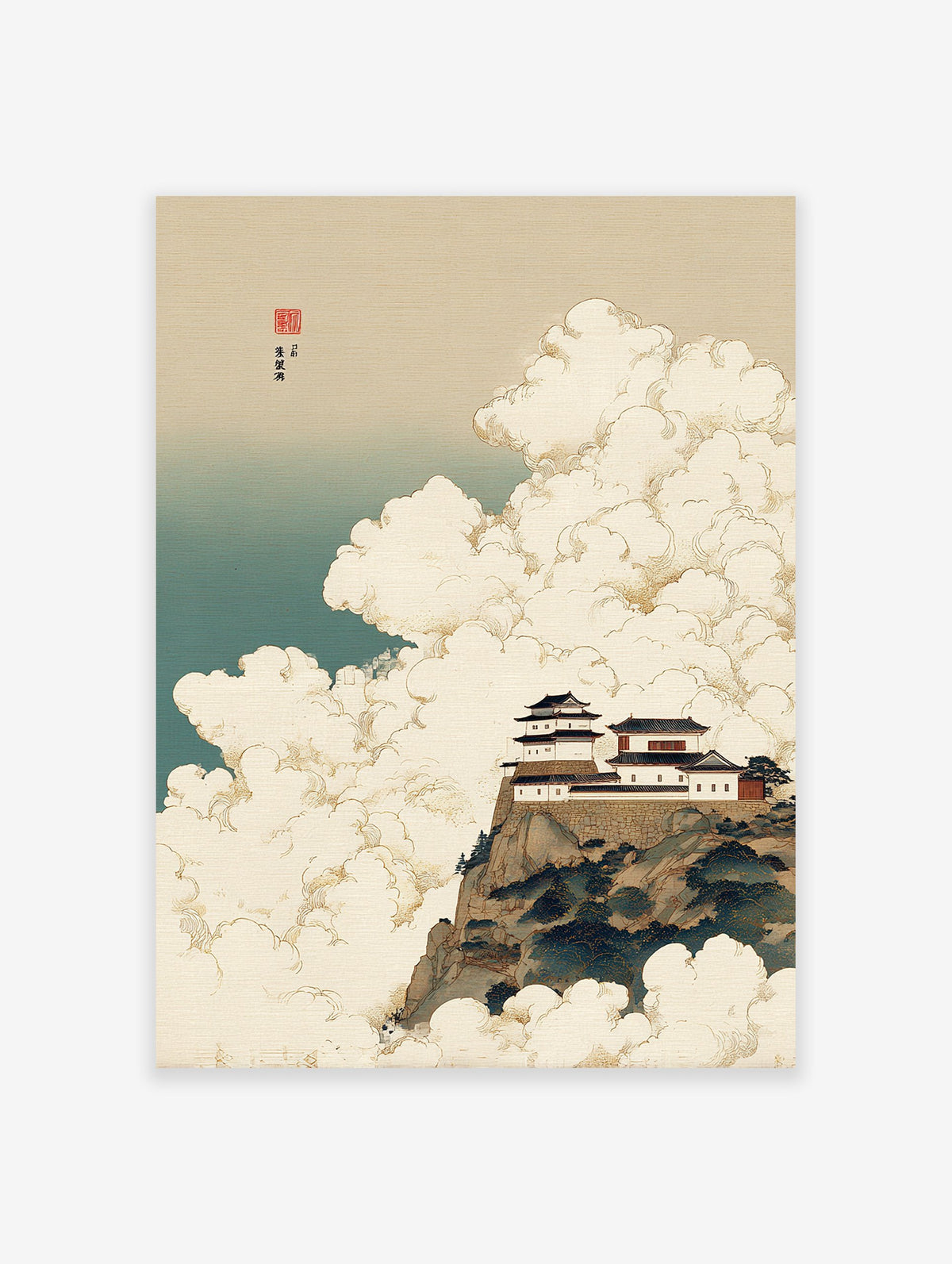 Traditional Japanese castle art print on a mountain cliff surrounded by white clouds and a blue-green sky.
