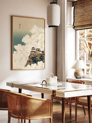 Traditional Japanese castle art print on a mountain cliff surrounded by white clouds and a blue-green sky. - Image 2