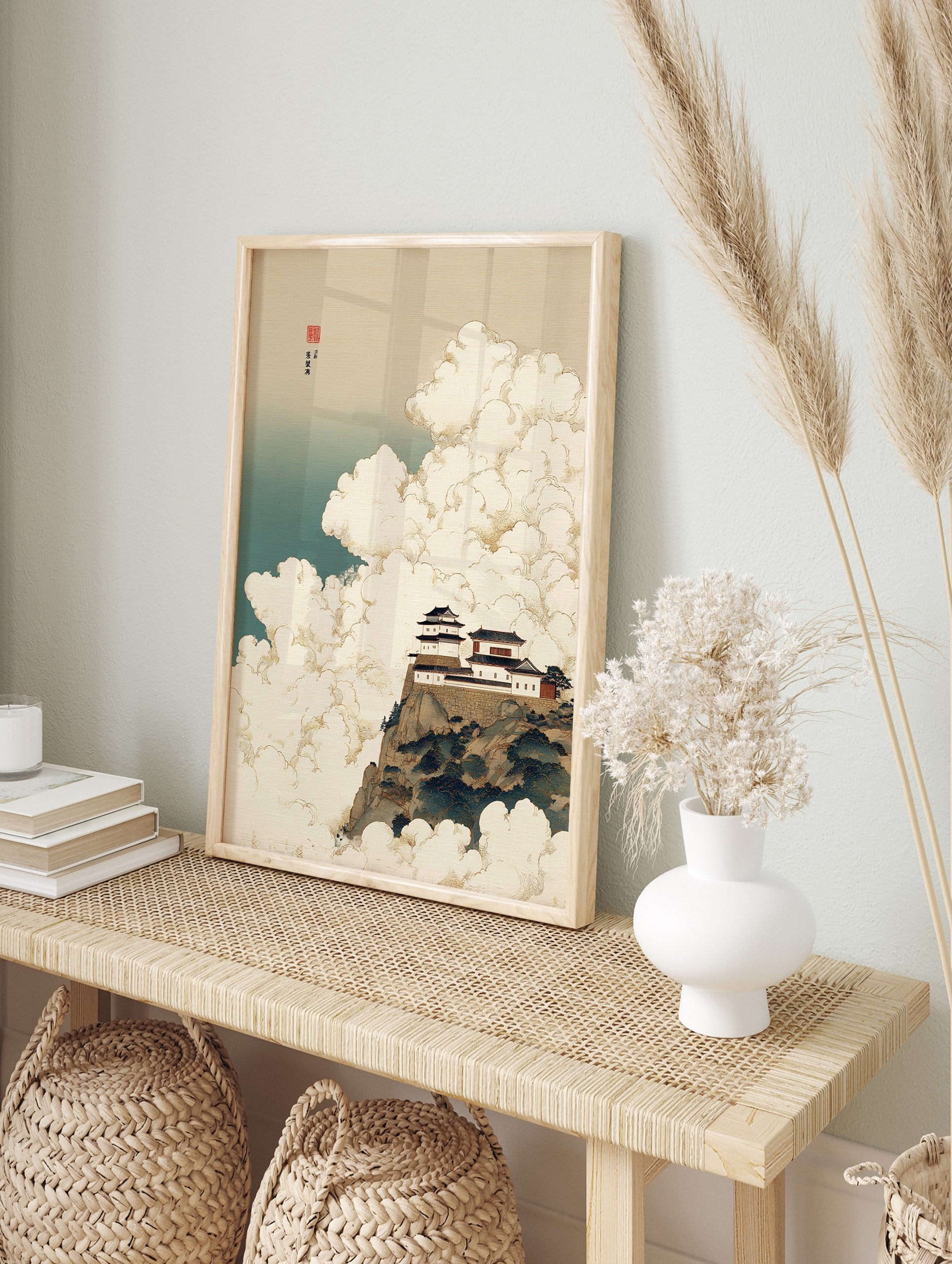Traditional Japanese castle art print on a mountain cliff surrounded by white clouds and a blue-green sky. - Image 3