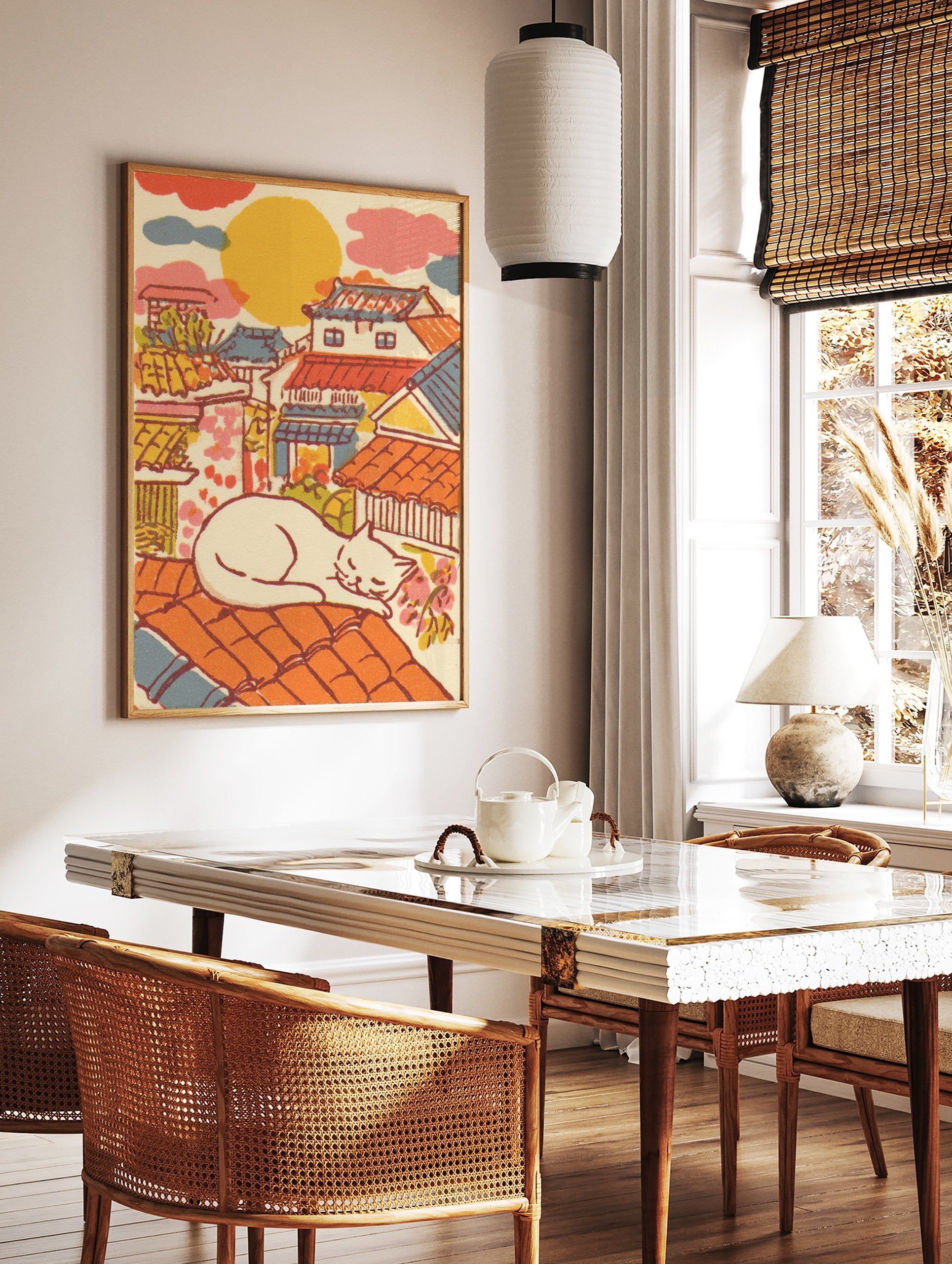 Illustrative Japanese Cat Art print of a white cat sleeping on an orange tiled roof overlooking a colorful traditional townscape. - Image 2