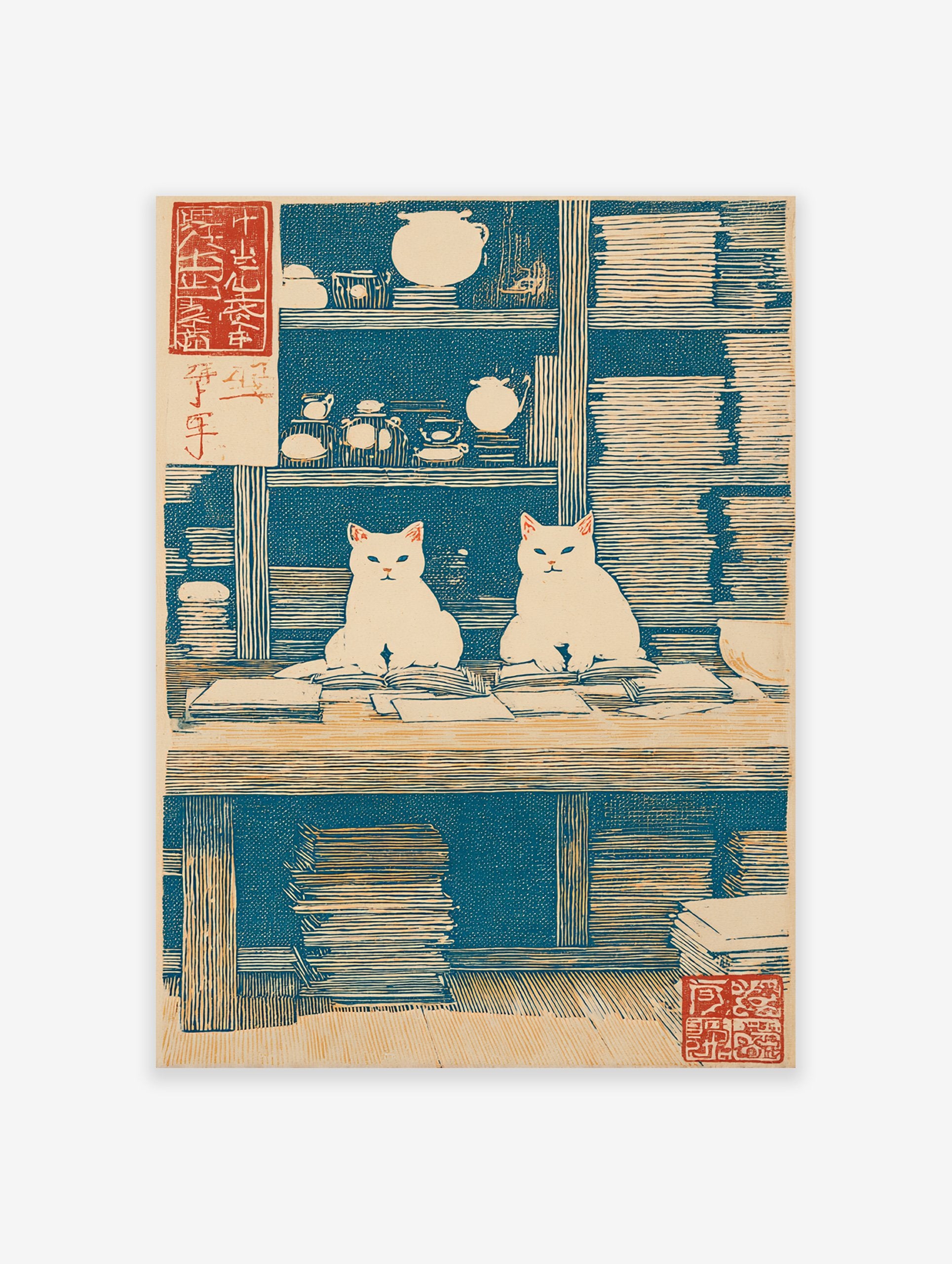 Japanese woodblock print of two white cats sitting at a desk with books and tea ware, blue background.