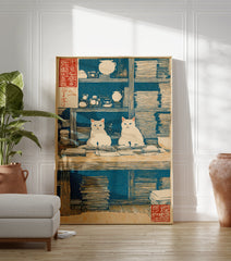Japanese woodblock print of two white cats sitting at a desk with books and tea ware, blue background. - Image 3