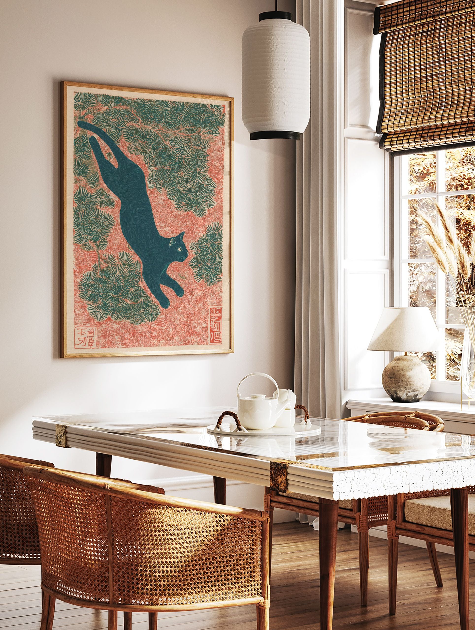 Japanese black cat art print in Ukiyo-e style, leaping through pine branches on a red textured background. - Image 2