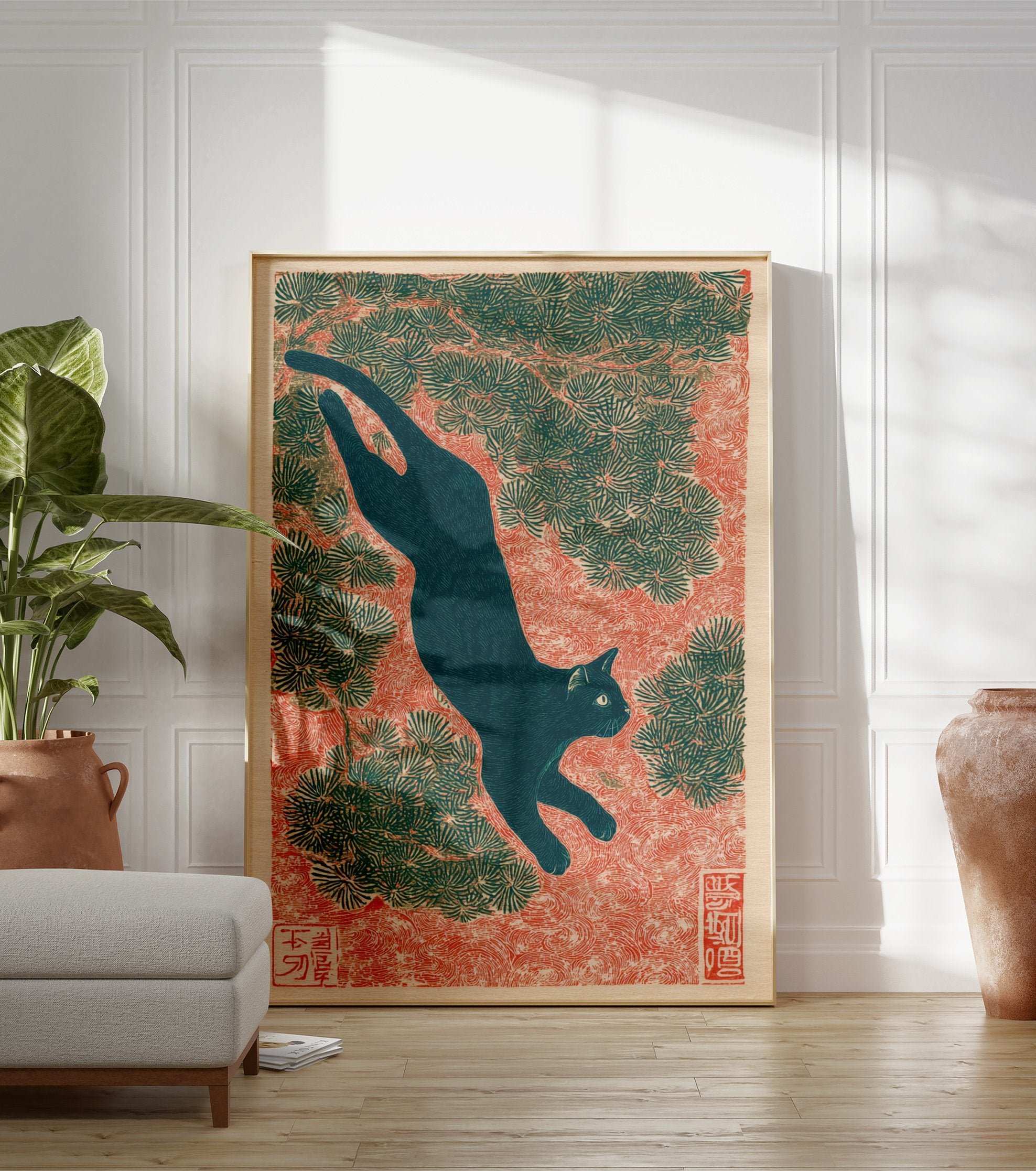 Japanese black cat art print in Ukiyo-e style, leaping through pine branches on a red textured background. - Image 3