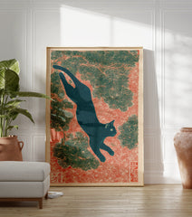 Japanese black cat art print in Ukiyo-e style, leaping through pine branches on a red textured background. - Image 3