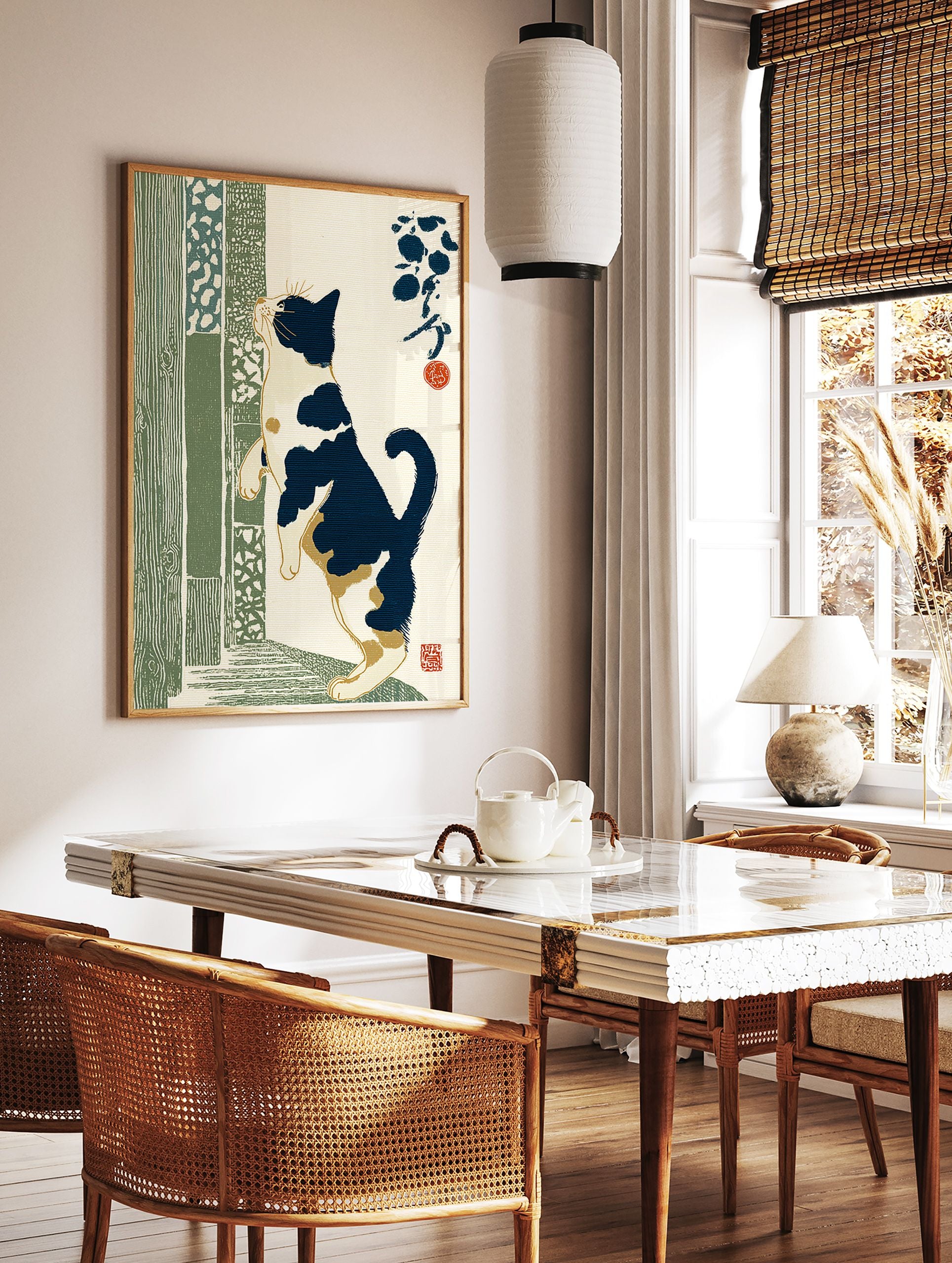 Japanese Calico cat art print in Ukiyo-e style, standing on hind legs looking up, with green patterned panels and calligraphy. - Image 2