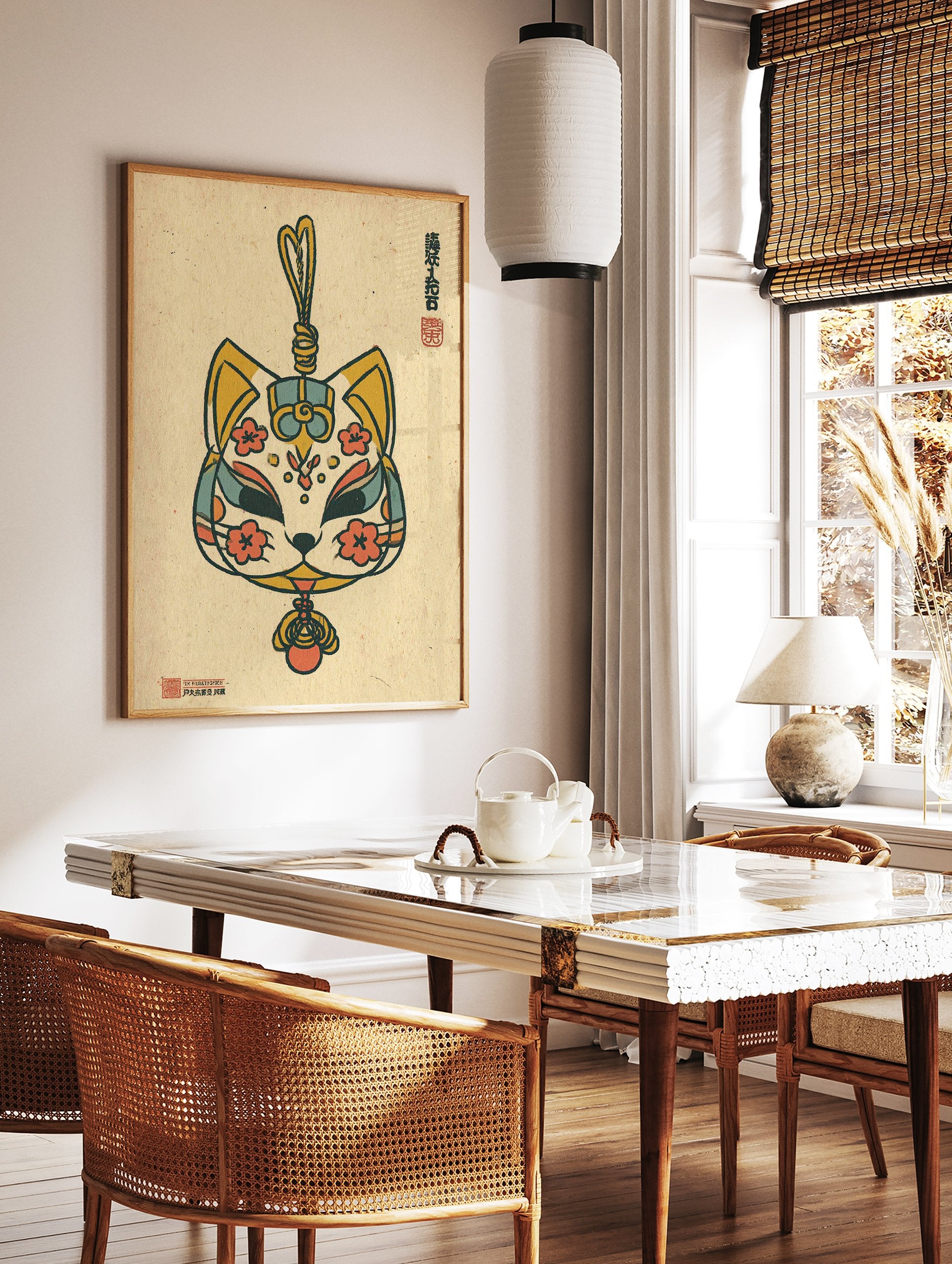 Stylized Japanese Cat Art print with yellow, teal, and red details, resembling a lucky charm on a textured beige background - Image 3