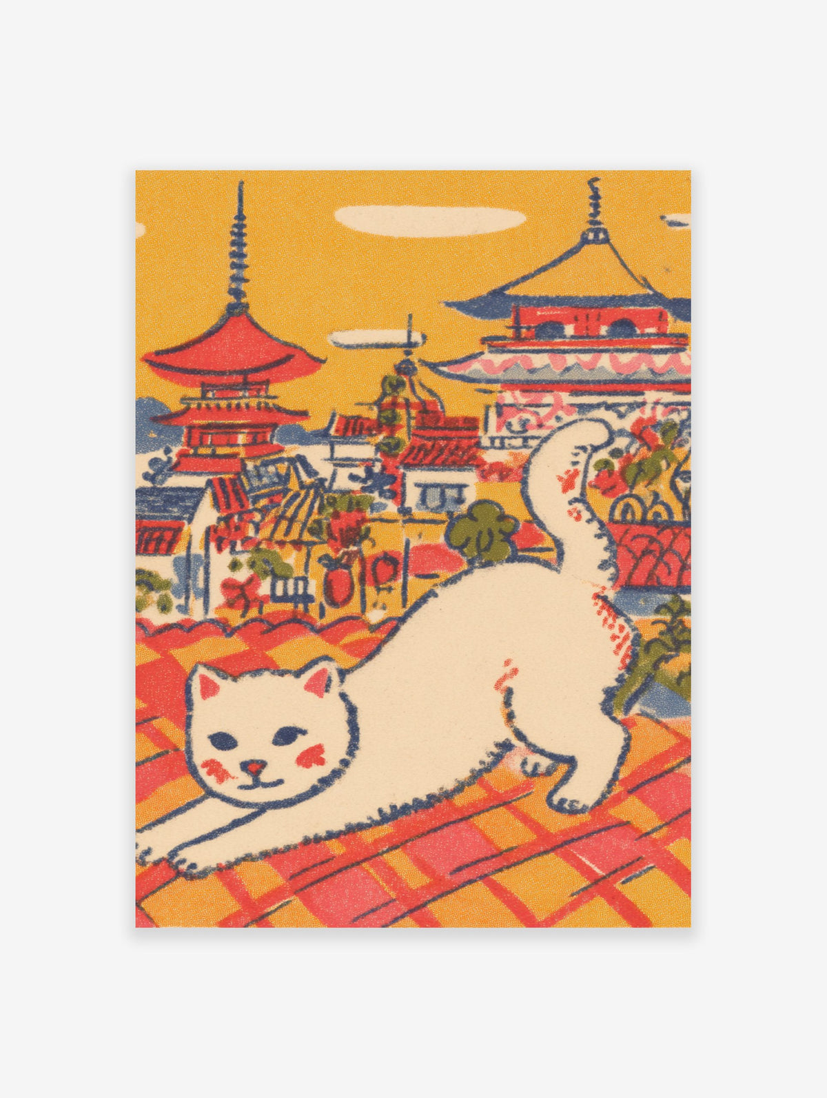 Vintage Japanese cat art print showing a white cat stretching on a red and orange tiled rooftop with pagodas in the background.