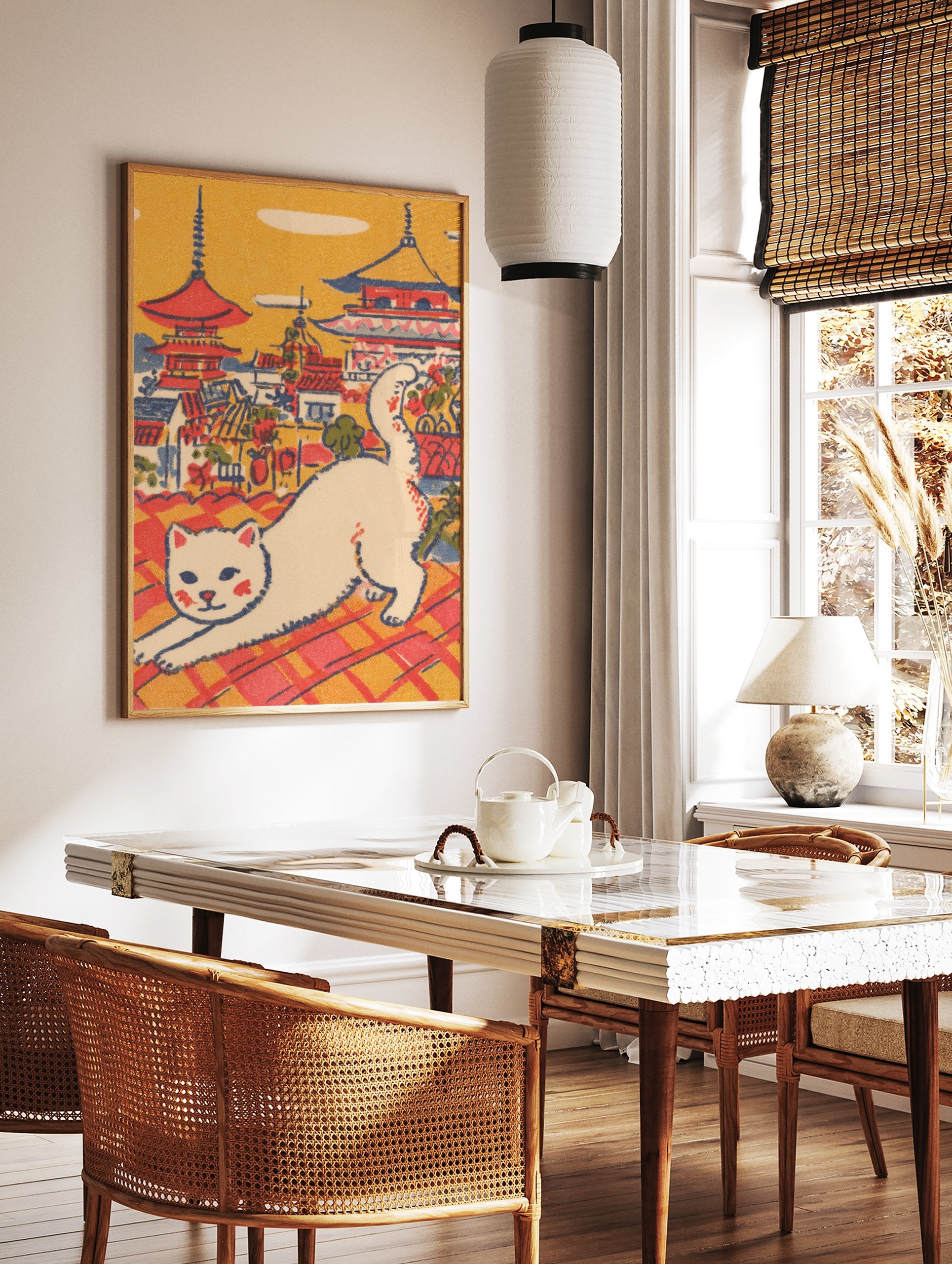 Vintage Japanese cat art print showing a white cat stretching on a red and orange tiled rooftop with pagodas in the background. - Image 2