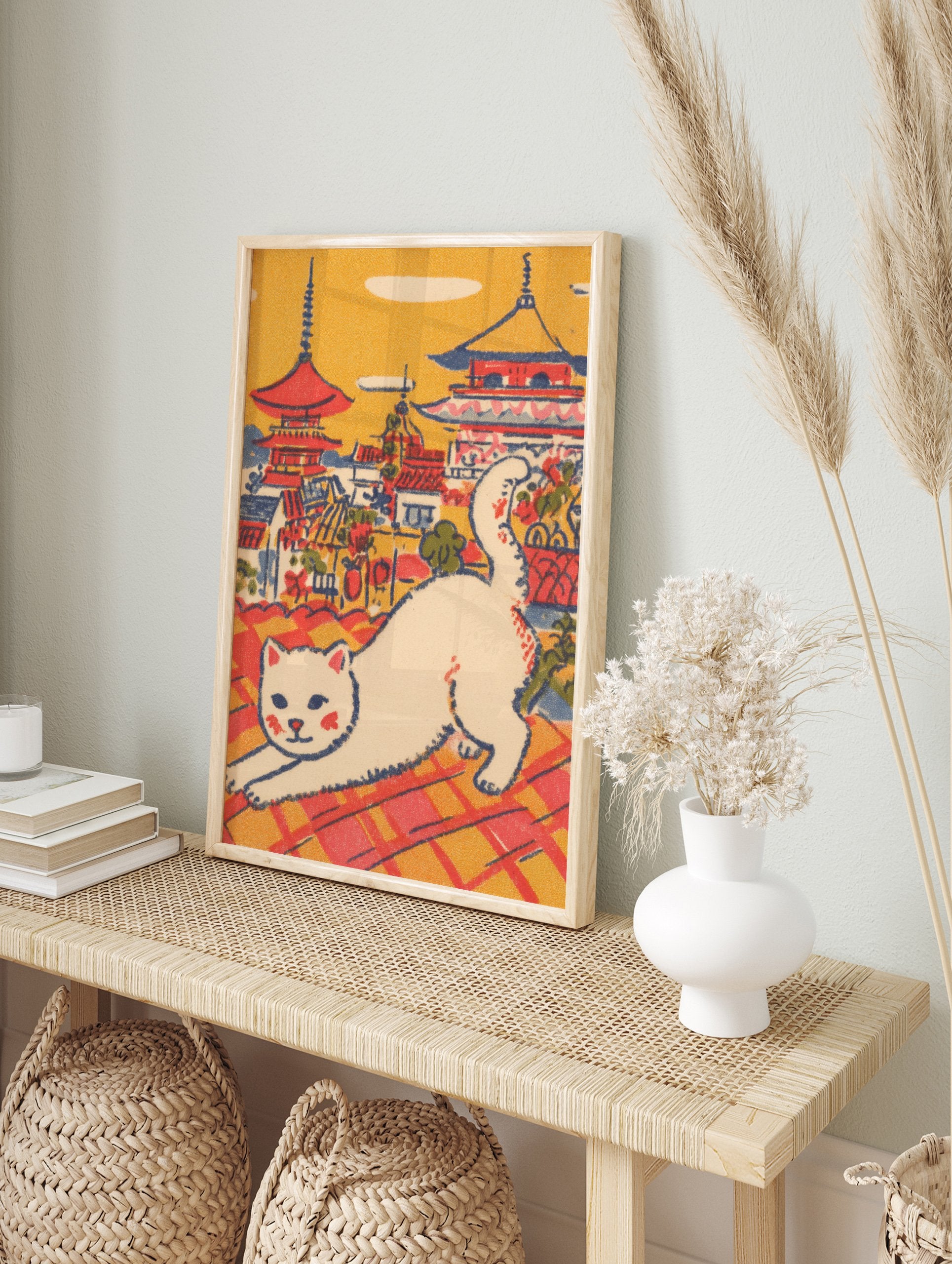 Vintage Japanese cat art print showing a white cat stretching on a red and orange tiled rooftop with pagodas in the background. - Image 3