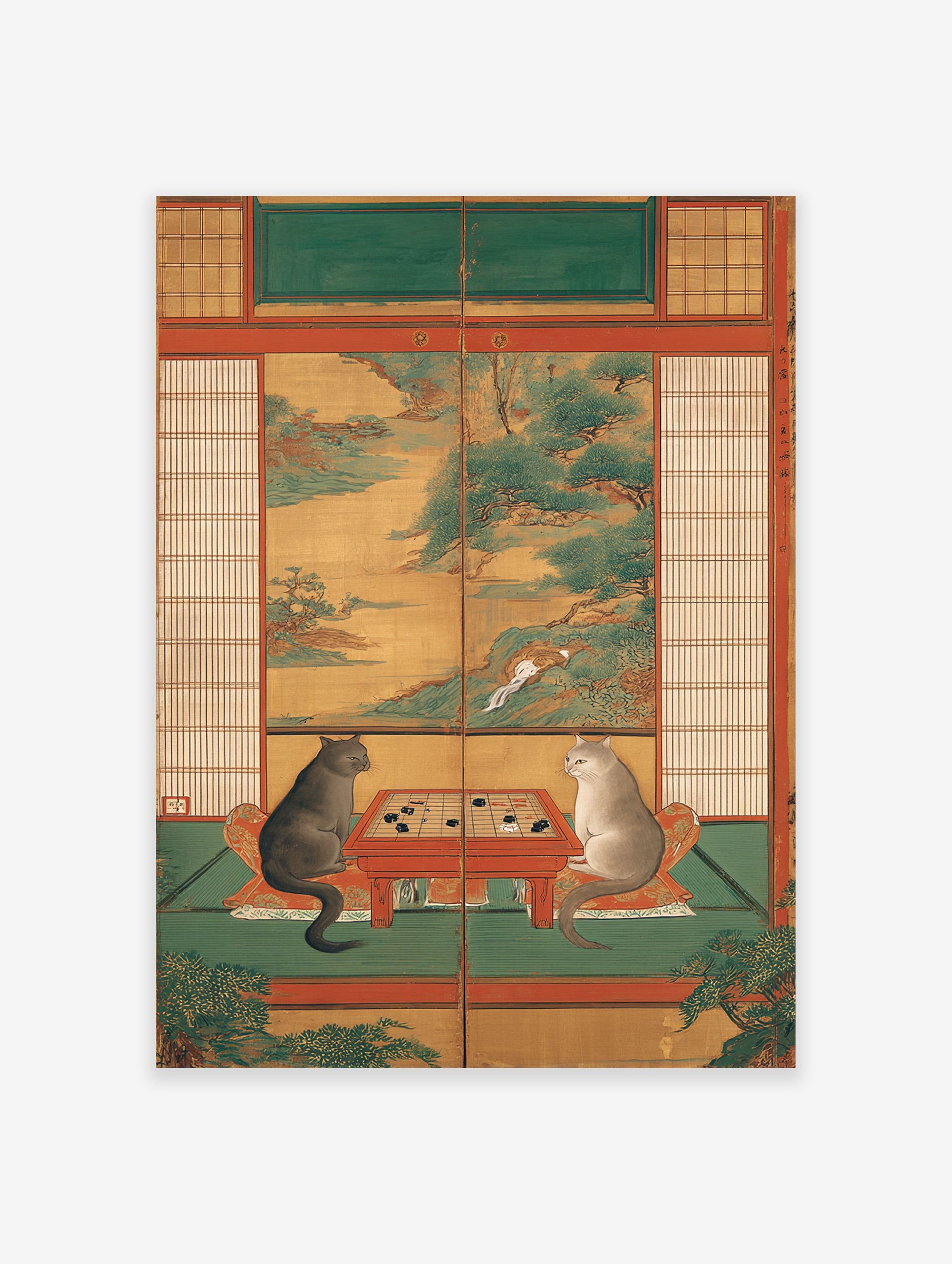 Japanese cat poster showing two cats playing a board game in a traditional room with painted landscape screens.