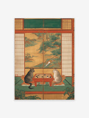 Japanese cat poster showing two cats playing a board game in a traditional room with painted landscape screens.