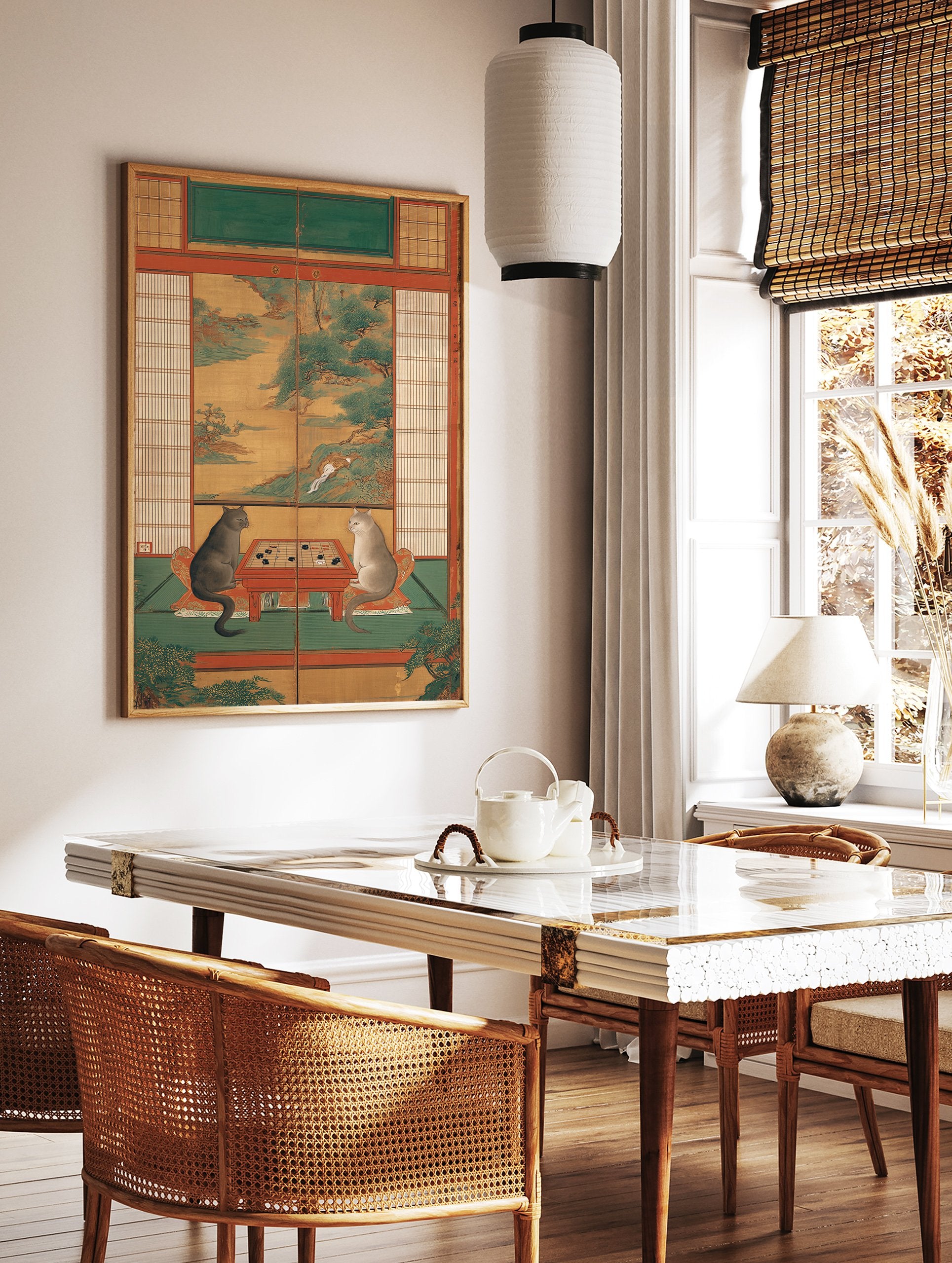 Japanese cat poster showing two cats playing a board game in a traditional room with painted landscape screens. - Image 2