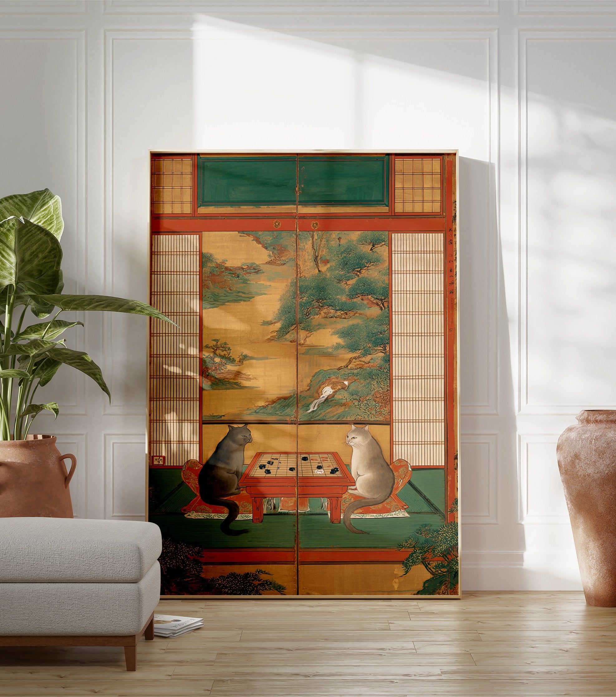 Japanese cat poster showing two cats playing a board game in a traditional room with painted landscape screens. - Image 3