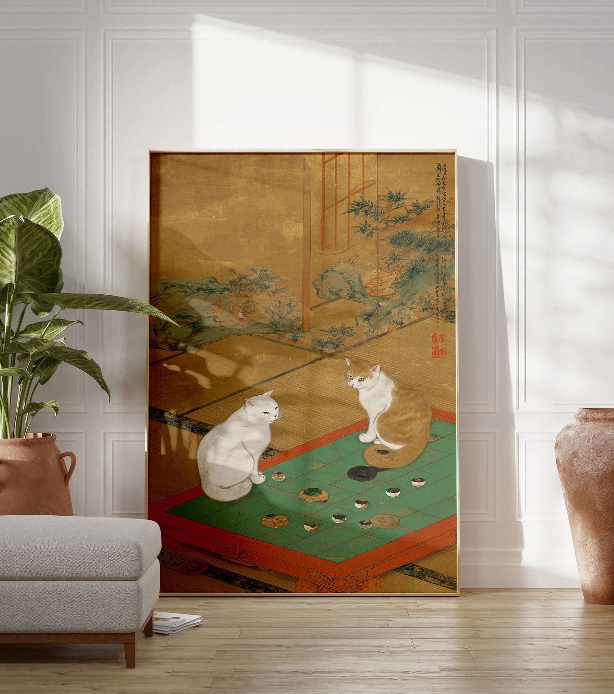 Japanese cat poster depicting two cats playing a game of Go on a green board with a gold background. - Image 3