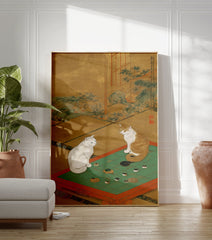 Japanese cat poster depicting two cats playing a game of Go on a green board with a gold background. - Image 3