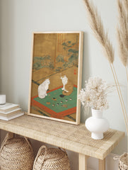 Japanese cat poster depicting two cats playing a game of Go on a green board with a gold background. - Image 4