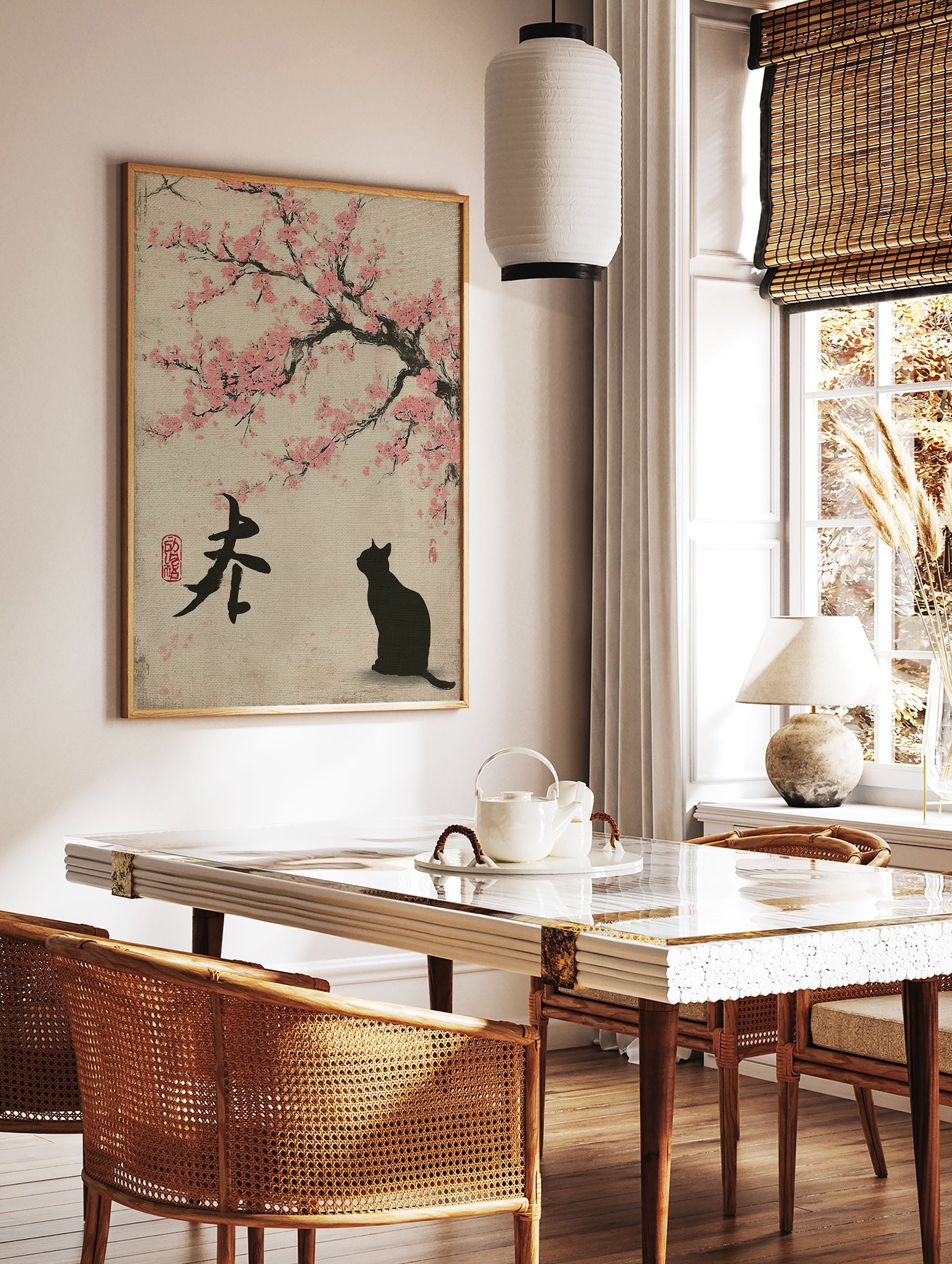 Japanese Cat Poster featuring a black cat looking at pink cherry blossoms, with traditional calligraphy on a beige background. - Image 2