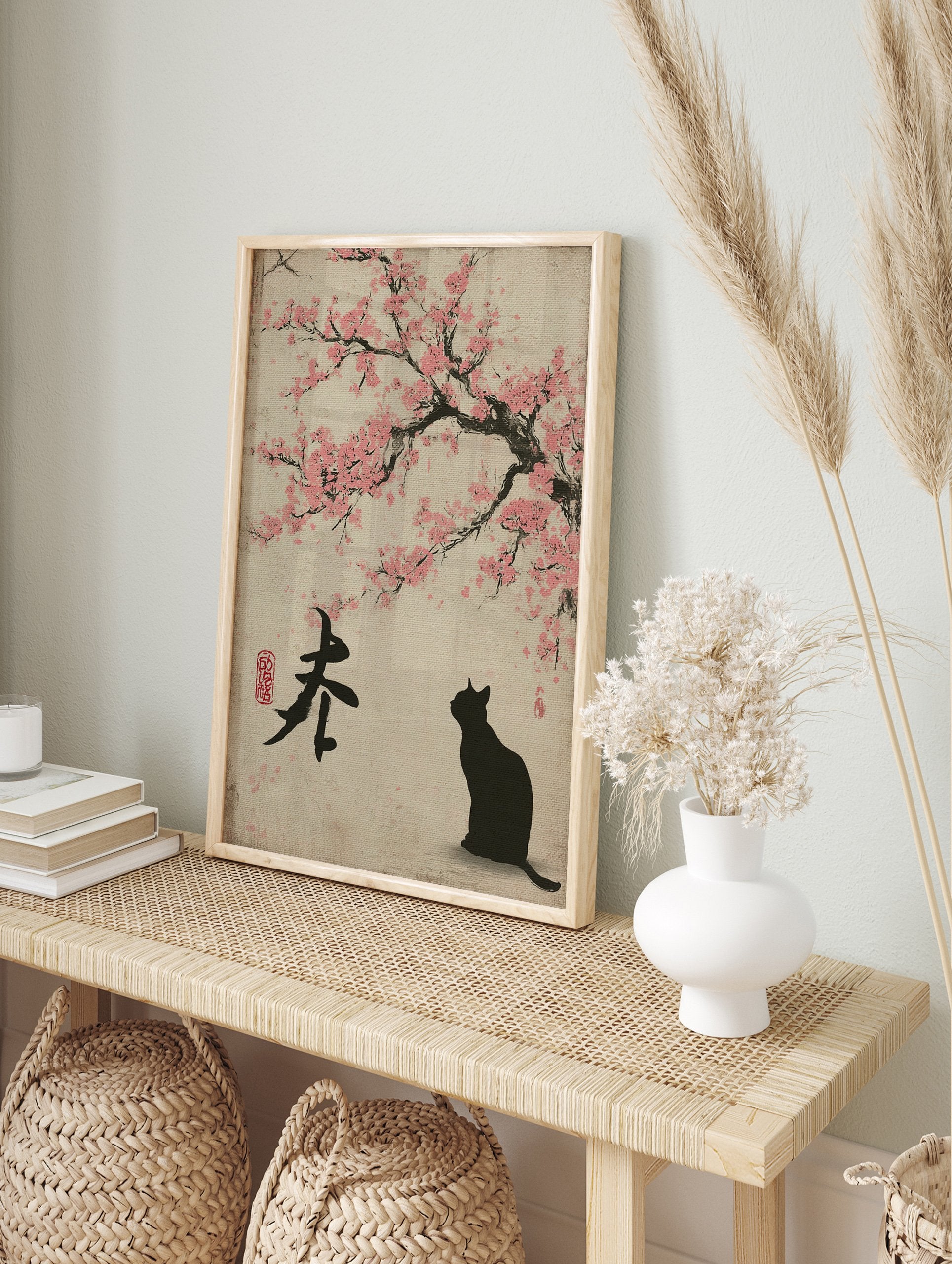 Japanese Cat Poster featuring a black cat looking at pink cherry blossoms, with traditional calligraphy on a beige background. - Image 4