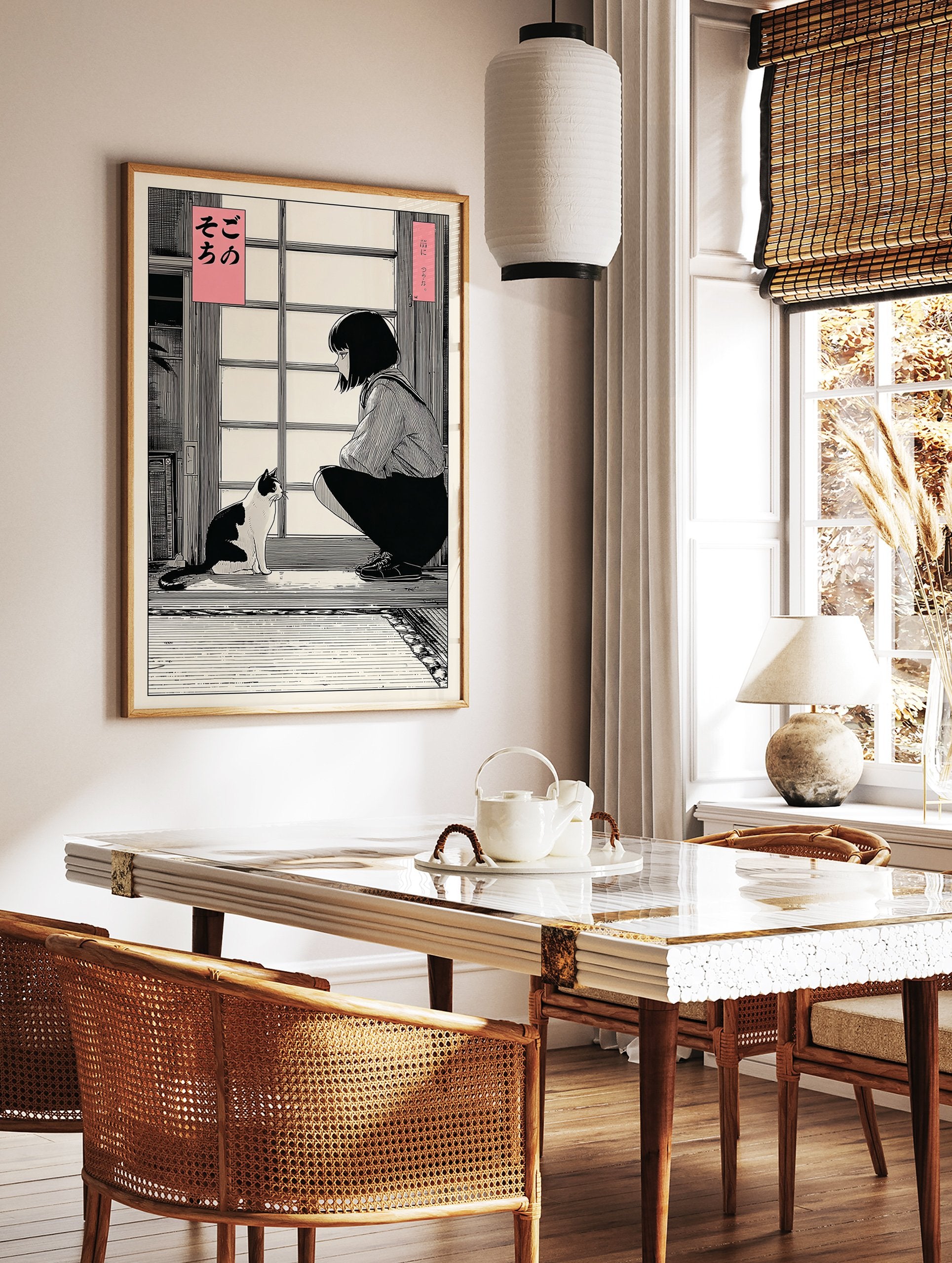 Japanese cat poster featuring a girl and a black and white cat in a traditional room, manga illustration style. - Image 2