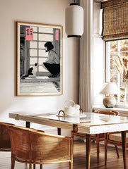 Japanese cat poster featuring a girl and a black and white cat in a traditional room, manga illustration style. - Image 2